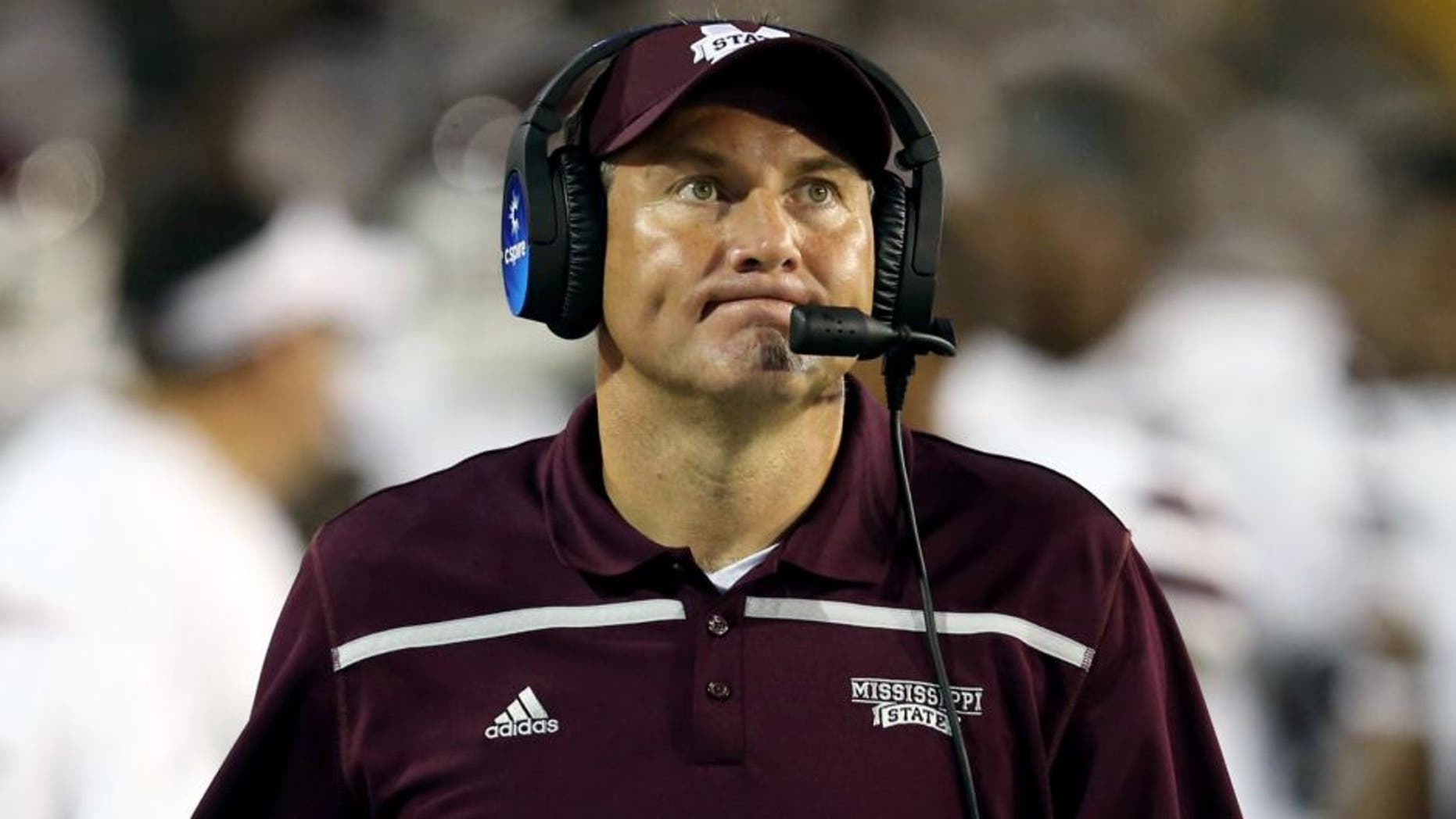 Sep 5, 2015; Hattiesburg, MS, USA; Mississippi State Bulldogs head coach Dan Mullen on the sidelines in the second half of their game against the Southern Miss Golden Eagles at M.M. Roberts Stadium. Mississippi State won, 34-16. Mandatory Credit: Chuck Cook-USA TODAY Sports