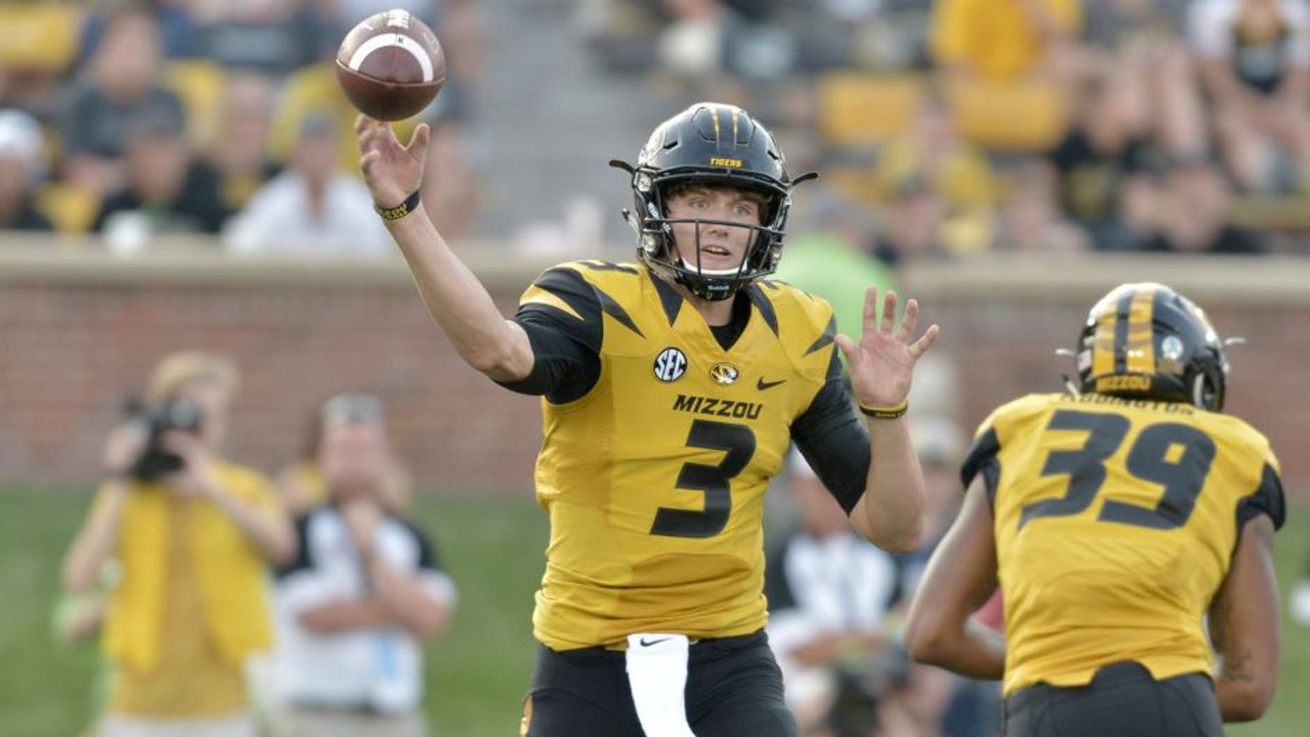 Sep 5, 2015; Columbia, MO, USA; Missouri Tigers quarterback Drew Lock (3) throws a pass during the second half against the Southeast Missouri State Redhawks at Faurot Field. Missouri won 34-3. Mandatory Credit: Denny Medley-USA TODAY Sports