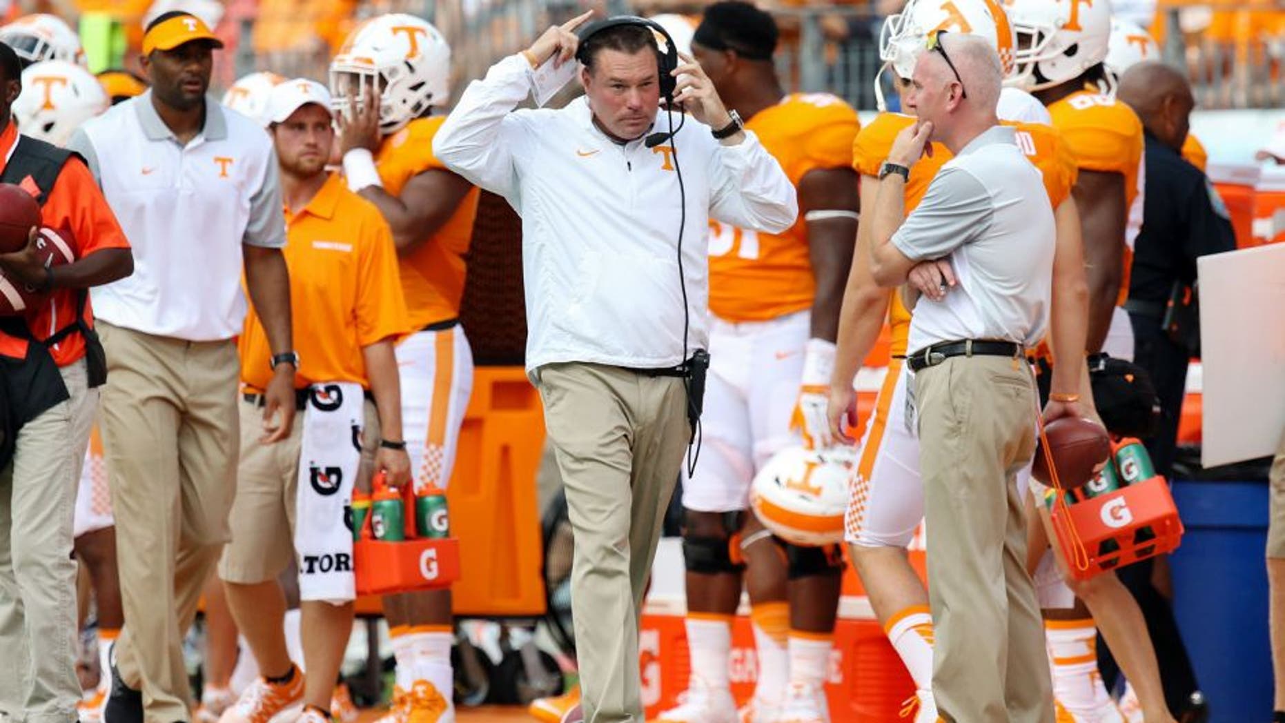 Sep 5, 2015; Nashville, TN, USA; Tennessee Volunteers head coach Butch Jones during the first quarter of the game against the Bowling Green Falcons at Nissan Stadium. Mandatory Credit: Randy Sartin-USA TODAY Sports