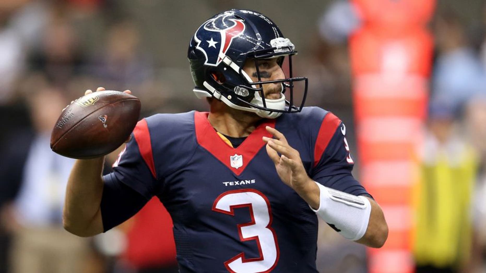 Aug 30, 2015; New Orleans, LA, USA; Houston Texans quarterback Tom Savage (3) looks to throw against the New Orleans Saints in the second half of their game at the Mercedes-Benz Superdome. The Texans won, 27-13. Mandatory Credit: Chuck Cook-USA TODAY Sports