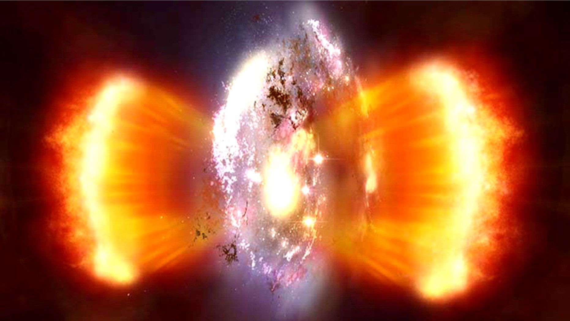An artist's rendition of a burst of star formation recently spotted in the early universe by the Herschel Space Telescope.