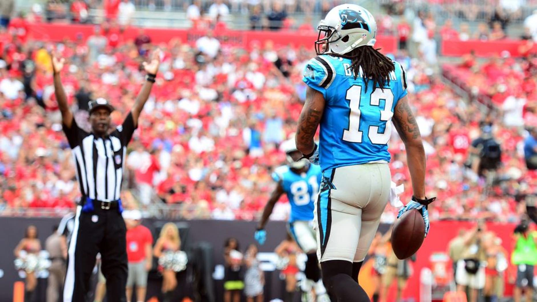 Sep 7, 2014; Tampa, FL, USA; Carolina Panthers wide receiver Kelvin Benjamin (13) makes a catch in the end zone for a touchdown during the fourth quarter against the Tampa Bay Buccaneers at Raymond James Stadium. Mandatory Credit: Andrew Weber-USA TODAY Sports