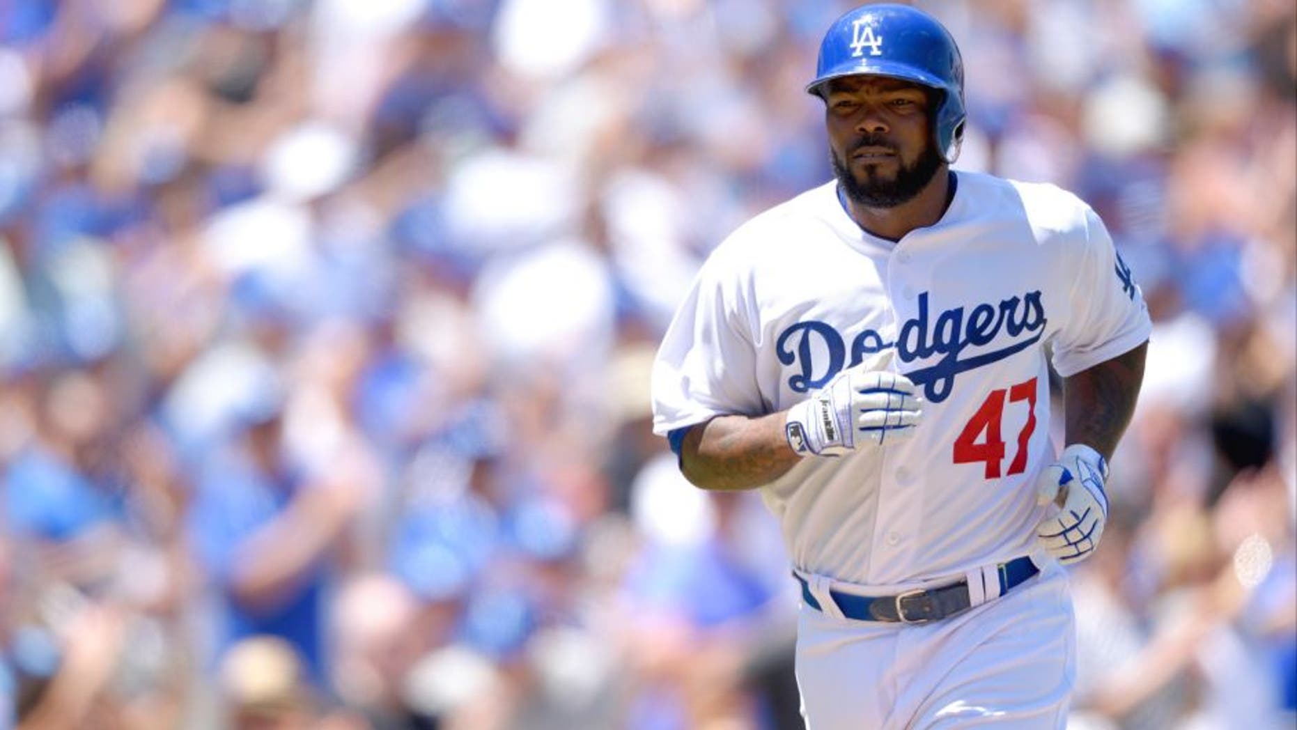 LOS ANGELES, CA - AUGUST 2: Howie Kendrick #47 of the Los Angeles Dodgers runs during the game against the Los Angeles Angels of Anaheim at Dodger Stadium on August 2, 2015 in Los Angeles, California. (Photo by Matt Brown/Angels Baseball LP/Getty Images)