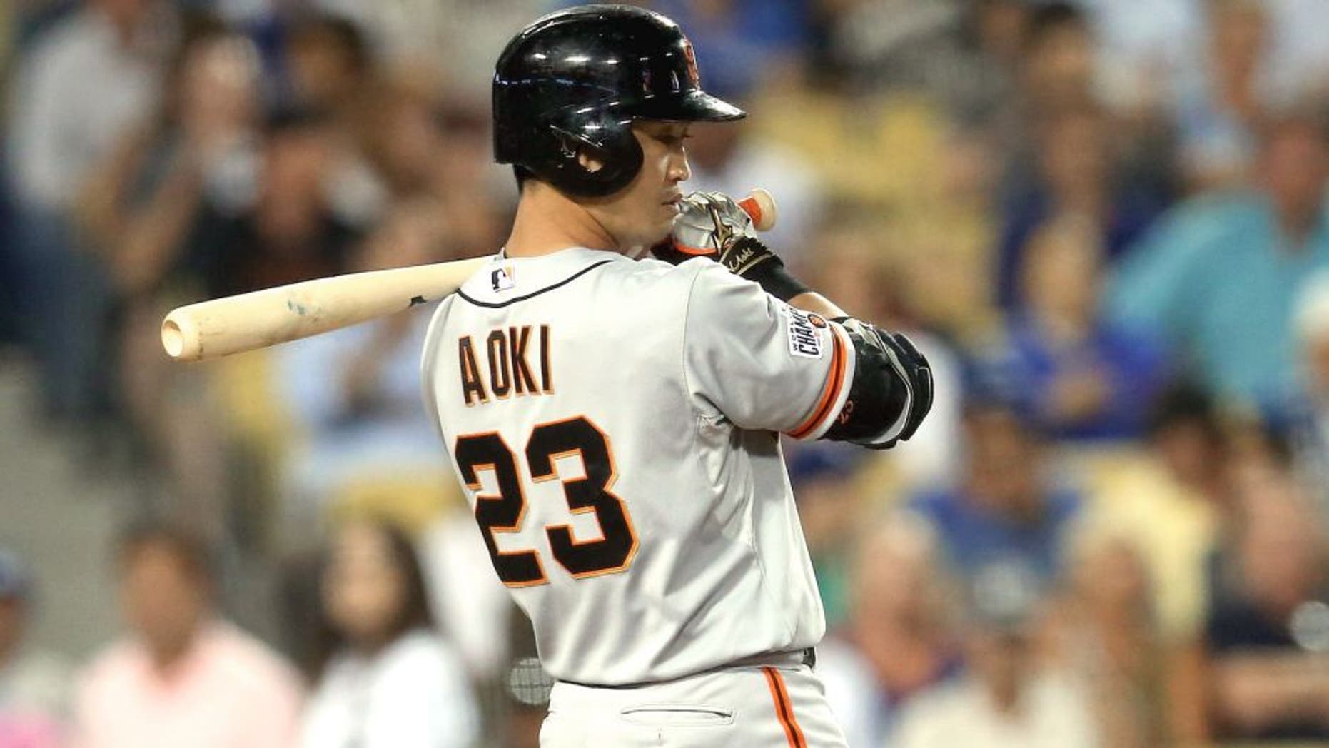 LOS ANGELES, CA - SEPTEMBER 01: Pinch hitter Nori Aoki #23 of the San Francisco Giants bats against the Los Angeles Dodgers in the eighth inning at Dodger Stadium on September 1, 2015 in Los Angeles, California (Photo by Stephen Dunn/Getty Images)