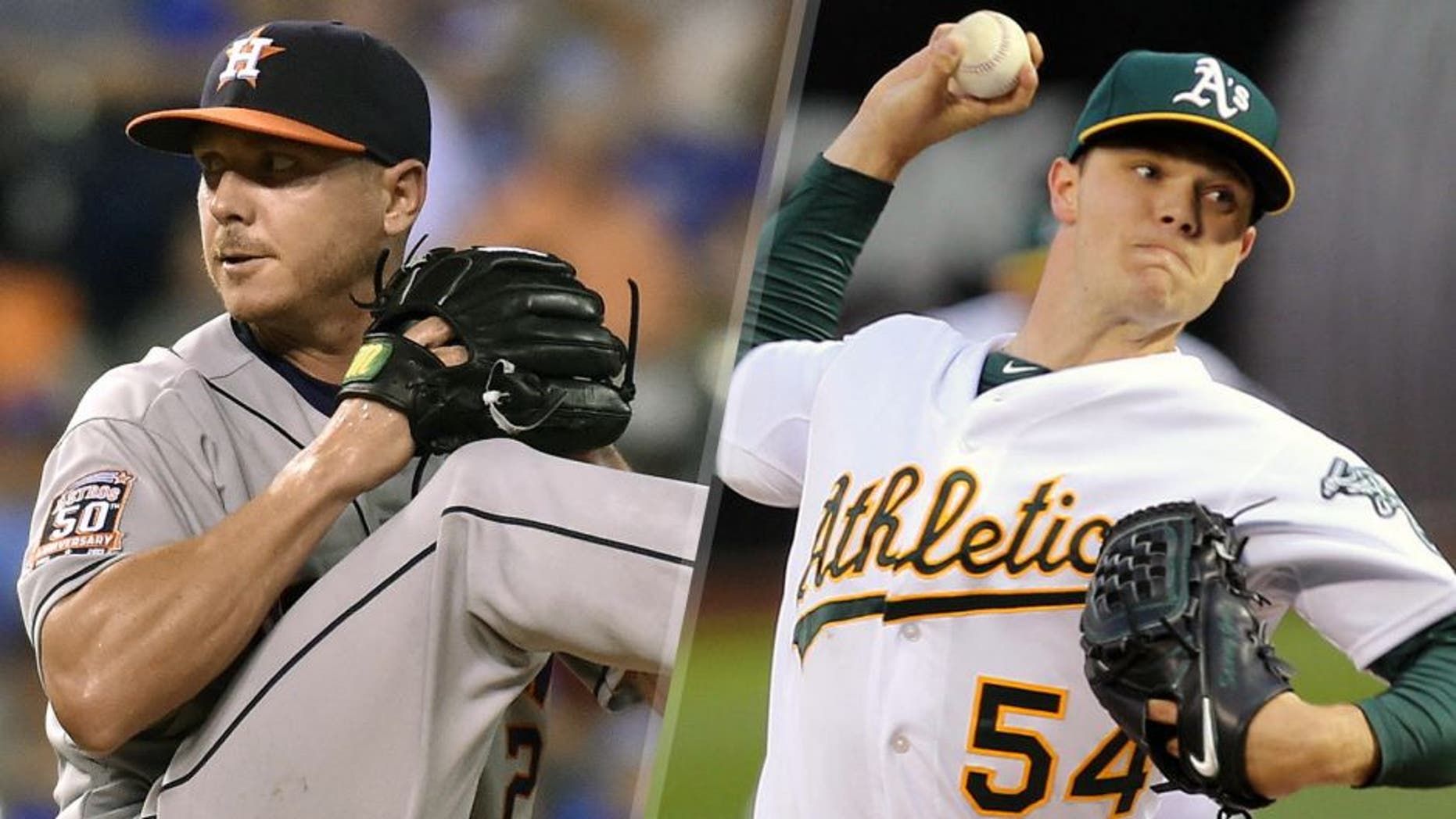 LEFT: https://author.prod1.foxsports.com/damadmin#/content/dam/fsdigital/fscom/other/images/2015/07/30/ScottKazmirDD7-30.jpg RIGHT: Apr 6, 2015; Oakland, CA, USA; Oakland Athletics starting pitcher Sonny Gray (54) throws out the first pitch against the Texas Rangers during the first inning at O.co Coliseum. Mandatory Credit: Kelley L Cox-USA TODAY Sports