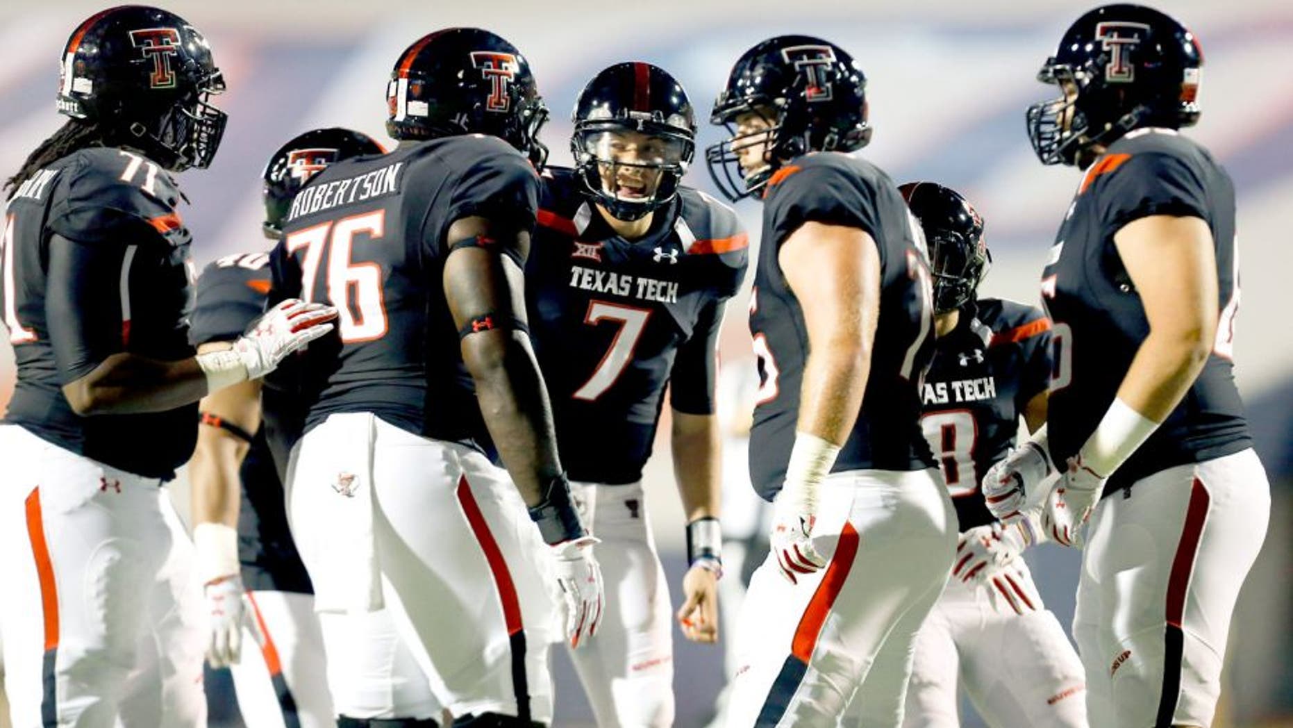 Sep 6, 2014; El Paso, TX, USA; Texas Tech Red Raiders quarterback Davis Webb (7) calls a play to his offense as they face the UTEP Miners defense at Sun Bowl Stadium. Mandatory Credit: Ivan Pierre Aguirre-USA TODAY Sports