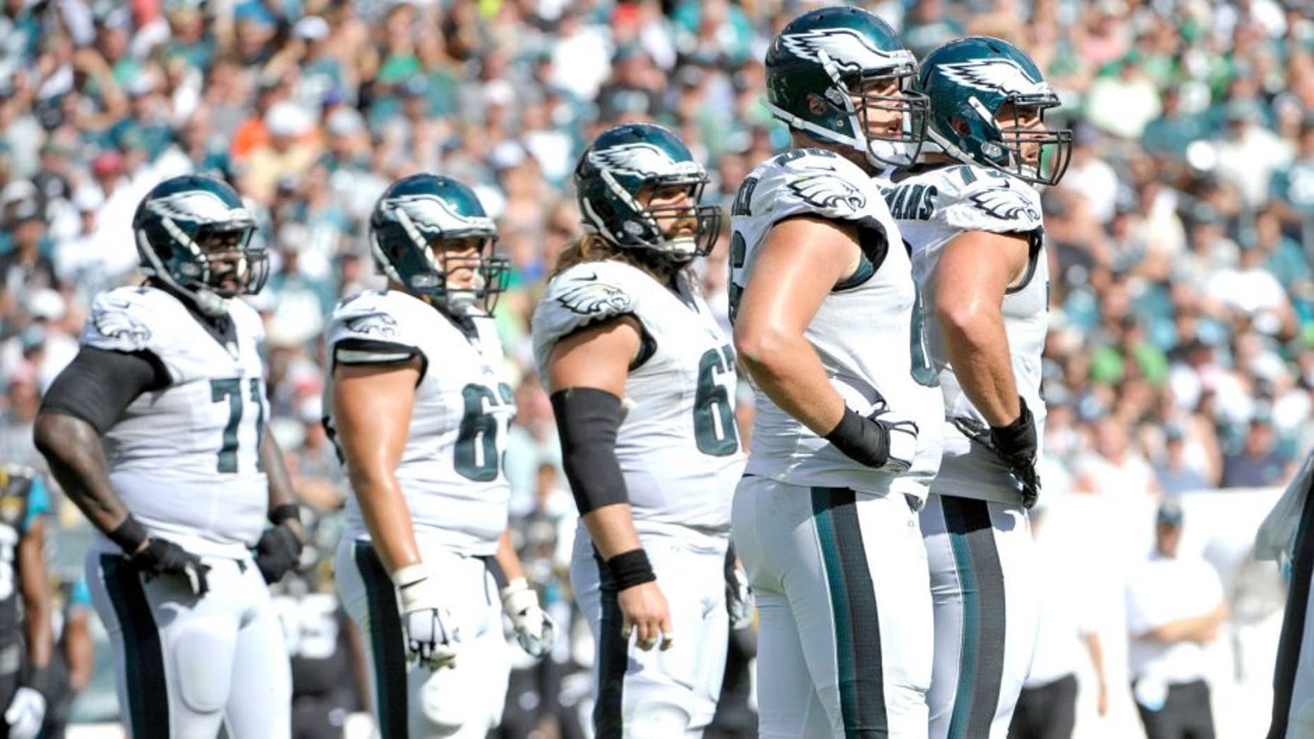 Sep 7, 2014; Philadelphia, PA, USA; Philadelphia Eagles tackle Jason Peters (71), center David Molk (63), center Jason Kelce (62), guard Todd Herremans (79) and tackle Andrew Gardner (66) during game against the Jacksonville Jaguars at Lincoln Financial Field. The Eagles defeated the Jaguars, 34-17. Mandatory Credit: Eric Hartline-USA TODAY Sports