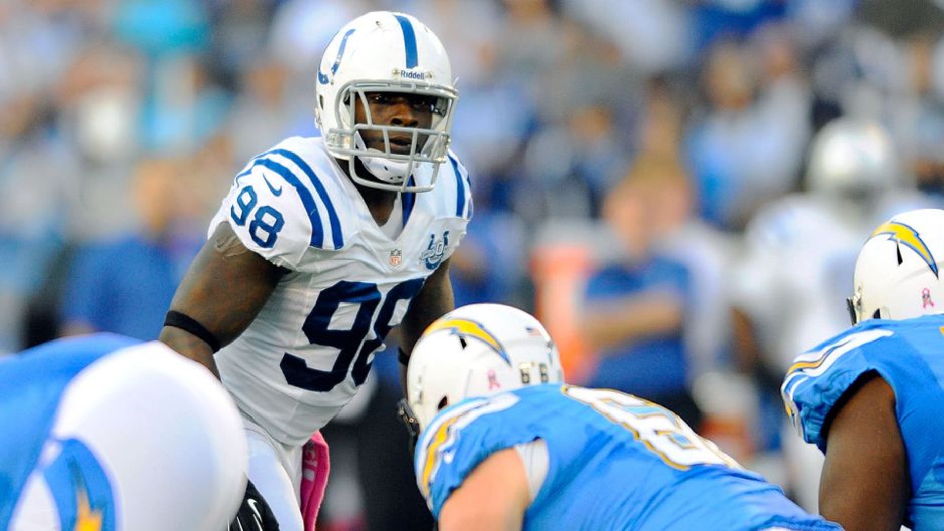 Oct 14, 2013; San Diego, CA, USA; Indianapolis Colts linebacker Robert Mathis (98) lines up during the first half against the San Diego Chargers at Qualcomm Stadium. Mandatory Credit: Christopher Hanewinckel-USA TODAY Sports