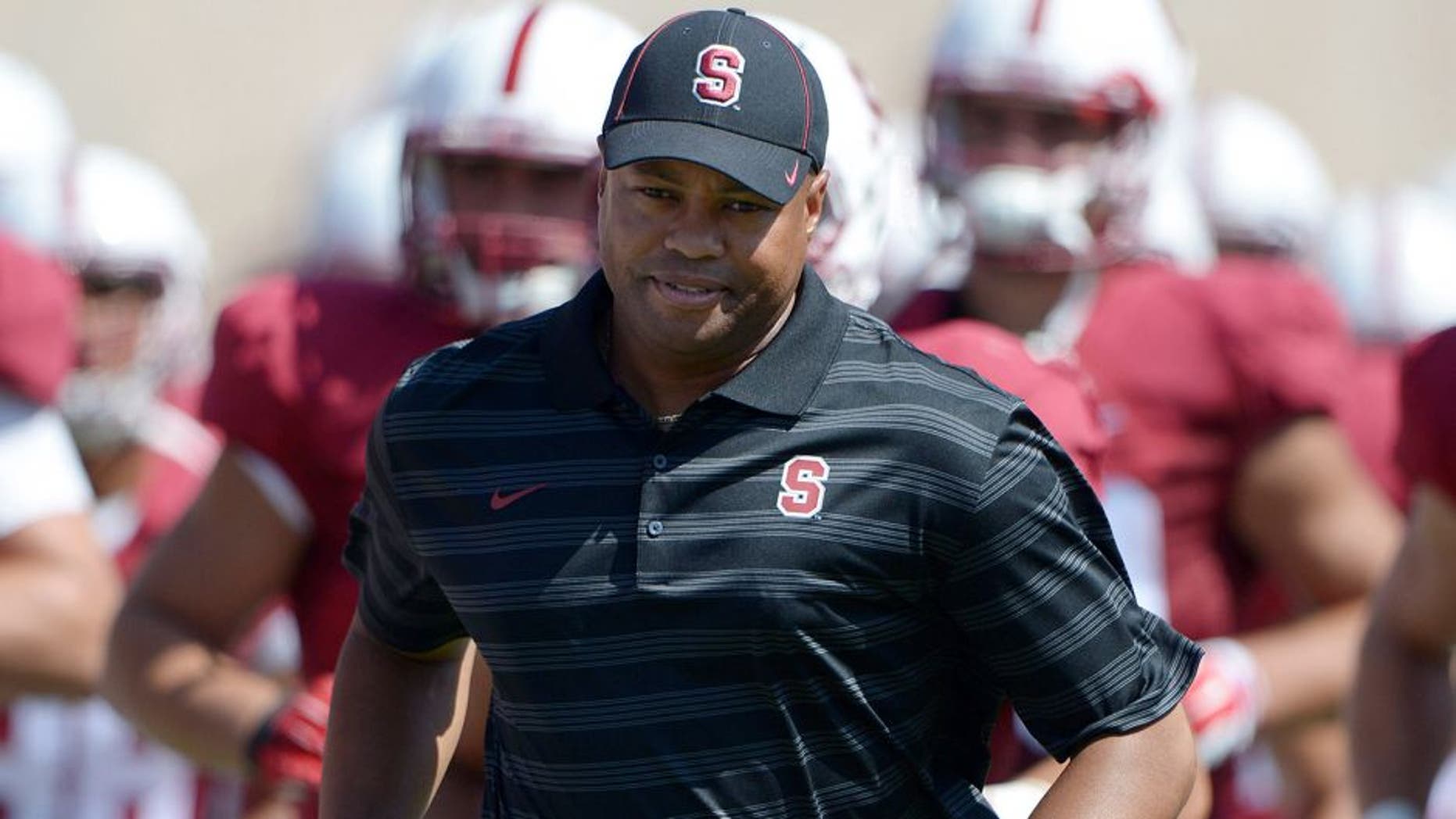 Sep 6, 2014; Stanford, CA, USA; Stanford Cardinal coach David Shaw runs onto the field at the start of the second half against the Southern California Trojans at Stanford Stadium. Mandatory Credit: Kirby Lee-USA TODAY Sports