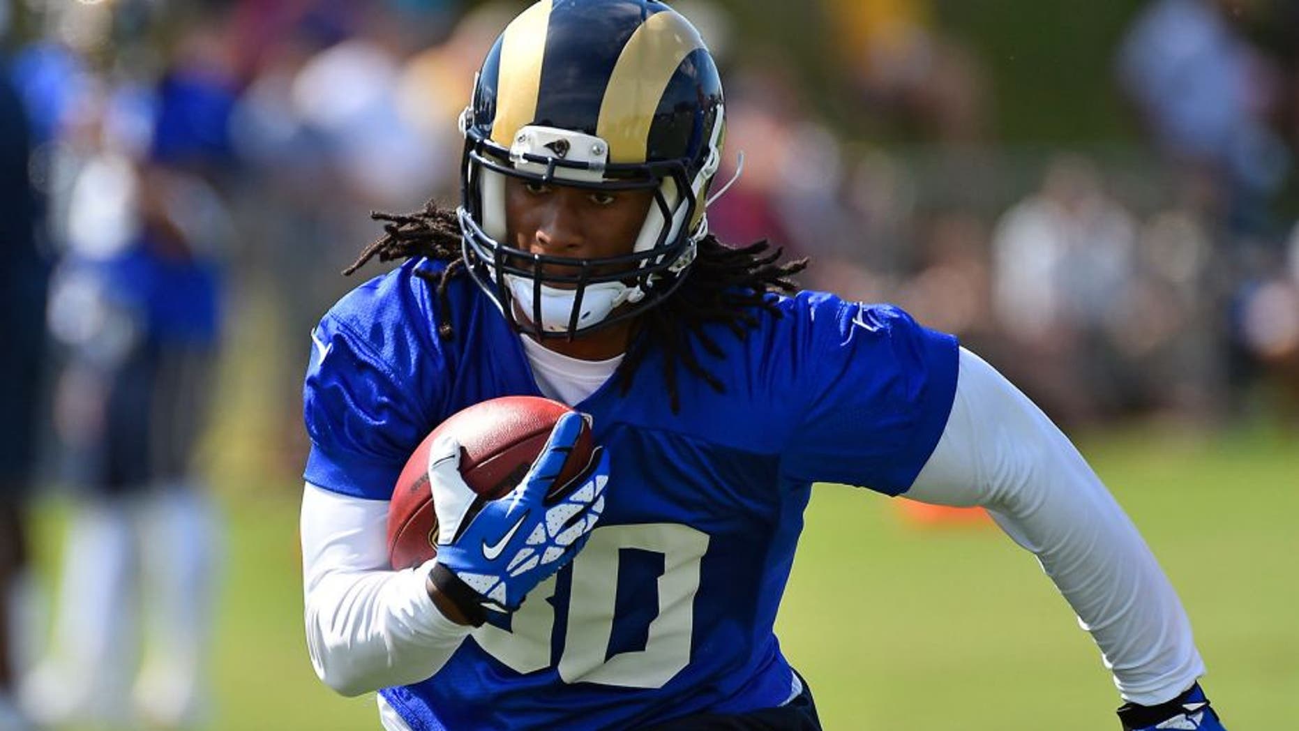 Aug 1, 2015; Earth City, MO, USA; St. Louis Rams running back Todd Gurley (30) runs with the ball at Rams Park. Mandatory Credit: Jasen Vinlove-USA TODAY Sports
