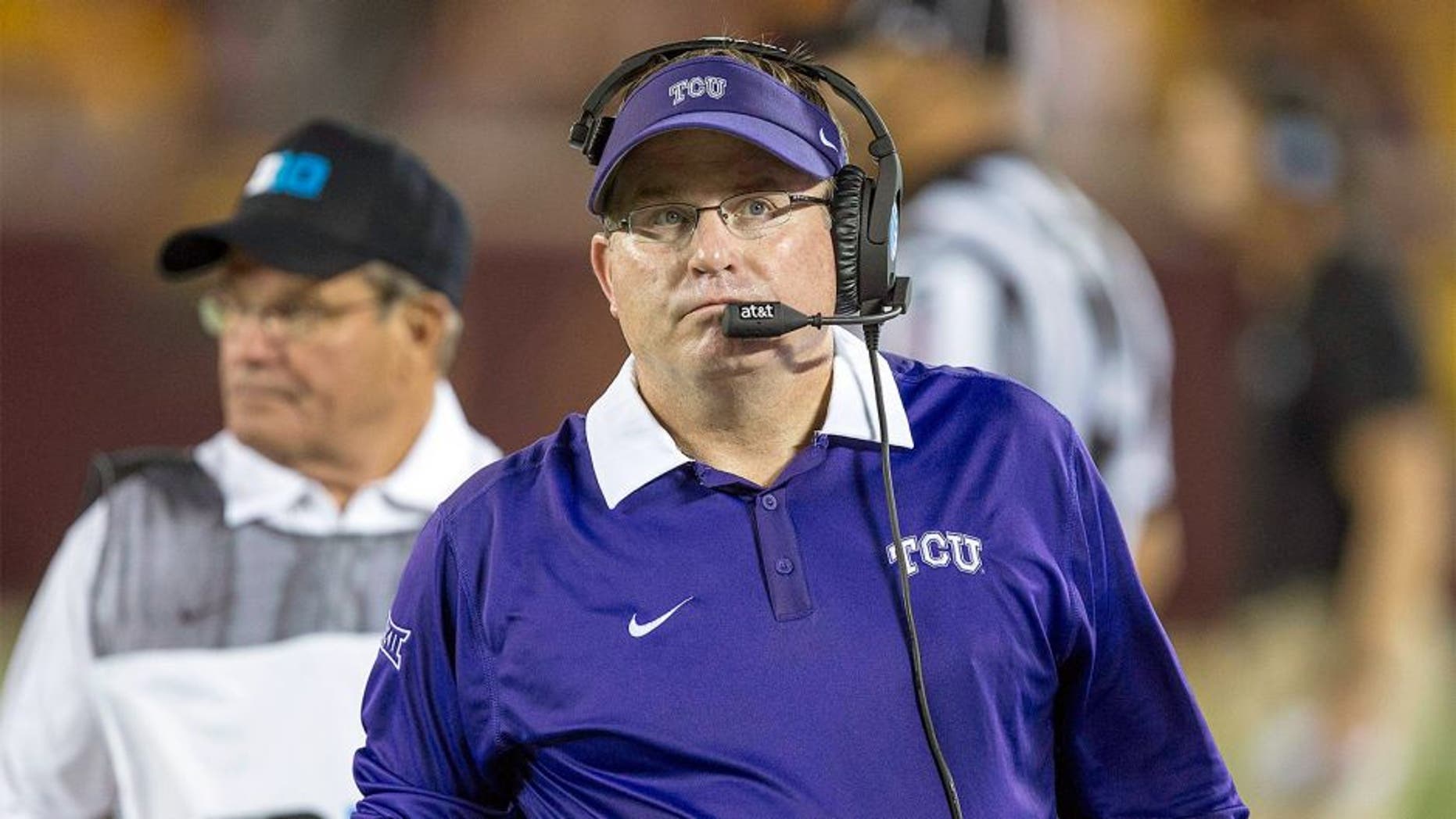 Sep 3, 2015; Minneapolis, MN, USA; TCU Horned Frogs head coach Gary Patterson looks on during the first half against the Minnesota Golden Gophers at TCF Bank Stadium. Mandatory Credit: Jesse Johnson-USA TODAY Sports