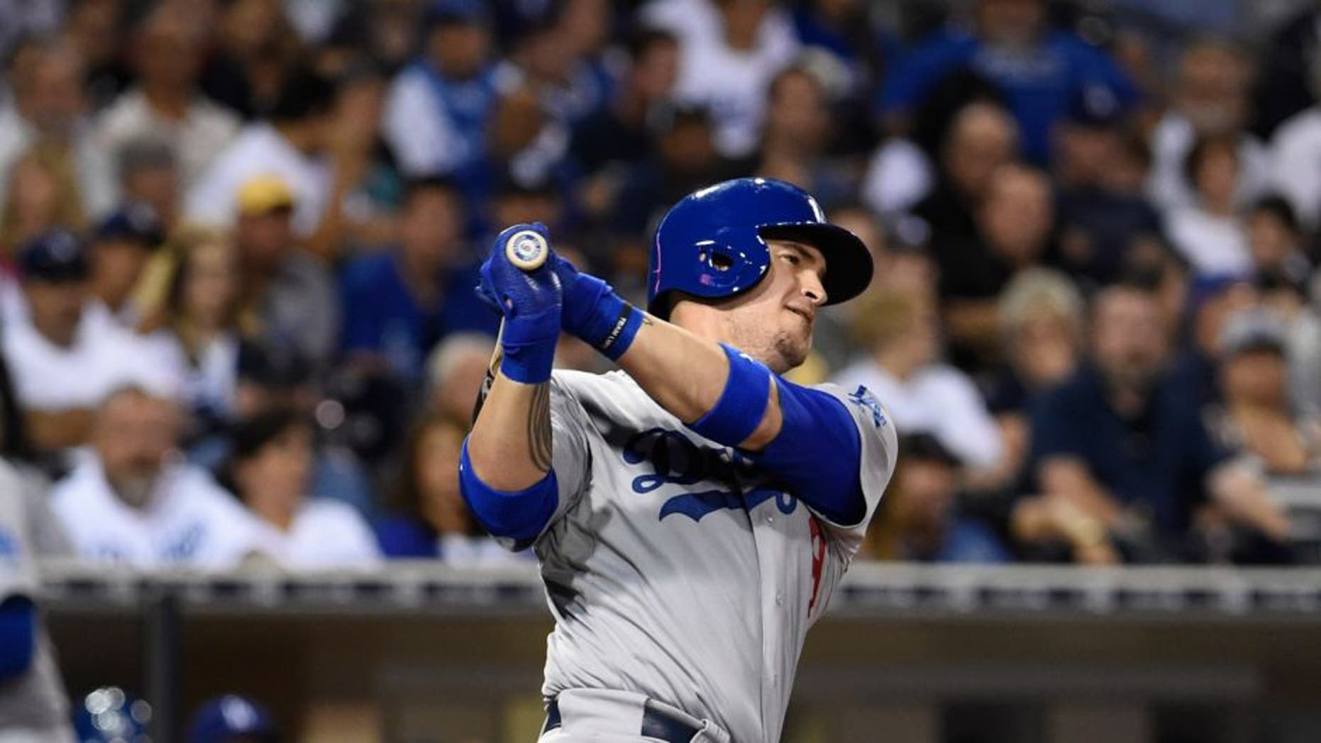 SAN DIEGO, CA - SEPTEMBER 3: Yasmani Grandal #9 of the Los Angeles Dodgers plays during a baseball game against the San Diego Padres at Petco Park September, 3, 2015 in San Diego, California. (Photo by Denis Poroy/Getty Images)