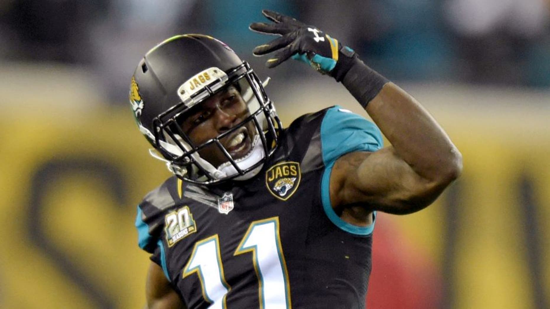 Dec 18, 2014; Jacksonville, FL, USA; Jacksonville Jaguars receiver Marqise Lee (11) reacts after a first down after a pass interference penalty in the fourth quarter against the Tennessee Titans at EverBank Field. The Jaguars defeated the Titans 21-13. Mandatory Credit: Kirby Lee-USA TODAY Sports