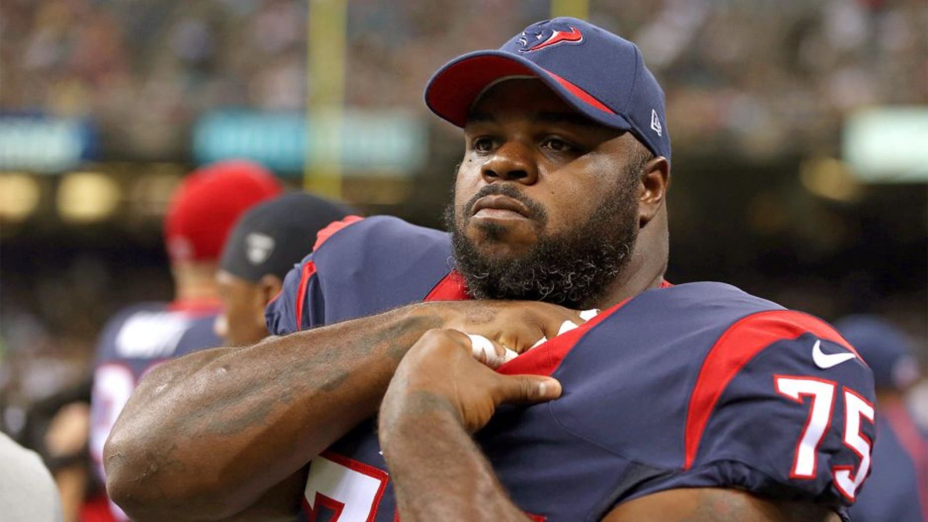Aug 30, 2015; New Orleans, LA, USA; Houston Texans nose tackle Vince Wilfork (75) during their game against the New Orleans Saints at the Mercedes-Benz Superdome. Mandatory Credit: Chuck Cook-USA TODAY Sports