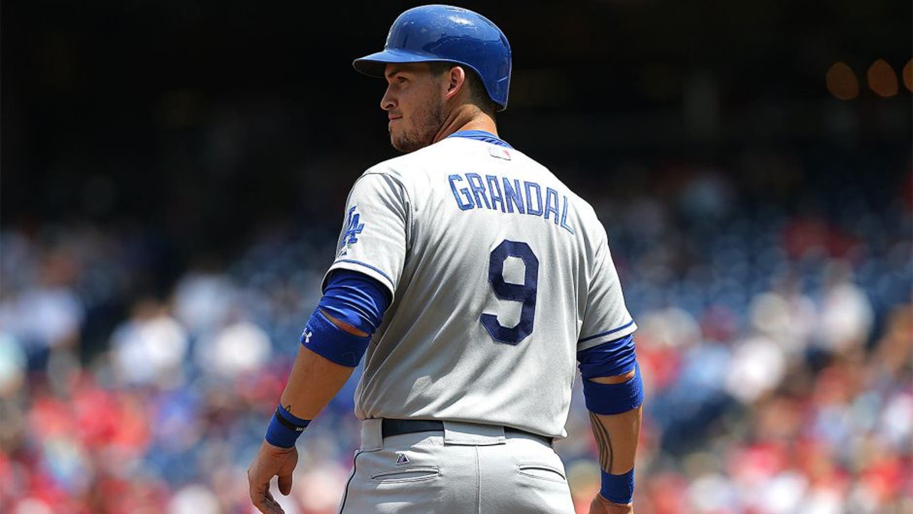 PHILADELPHIA, PA - AUGUST 6: Yasmani Grandal #9 of the Los Angeles Dodgers during a game against the Philadelphia Phillies at Citizens Bank Park on August 6, 2015 in Philadelphia, Pennsylvania. The Dodgers won 10-8. (Photo by Hunter Martin/Getty Images)