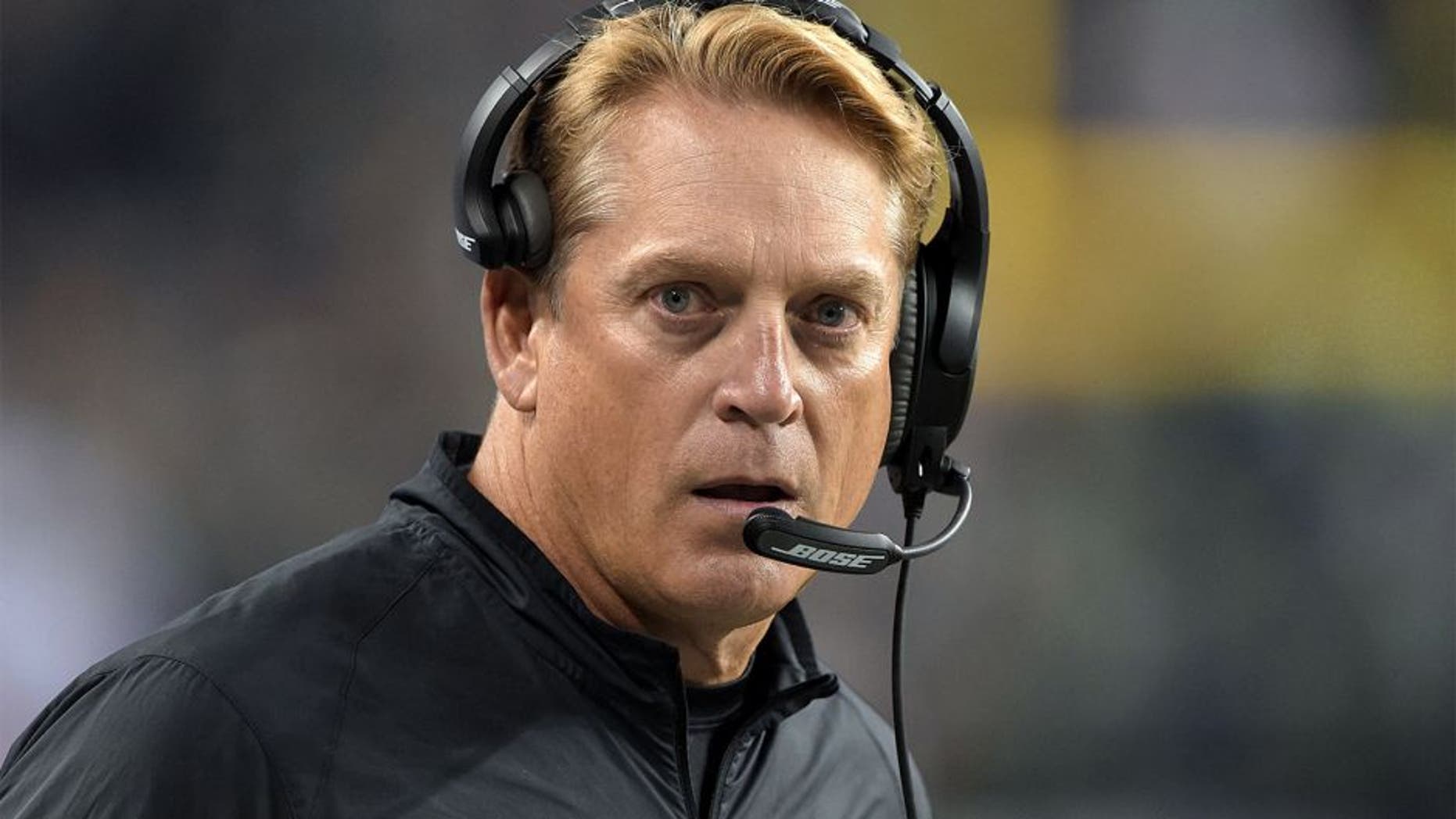 Sep 3, 2015; Seattle, WA, USA; Oakland Raiders coach Jack Del Rio reacts during the preseason game against the Seattle Seahawks at CenturyLink Field. Mandatory Credit: Kirby Lee-USA TODAY Sports
