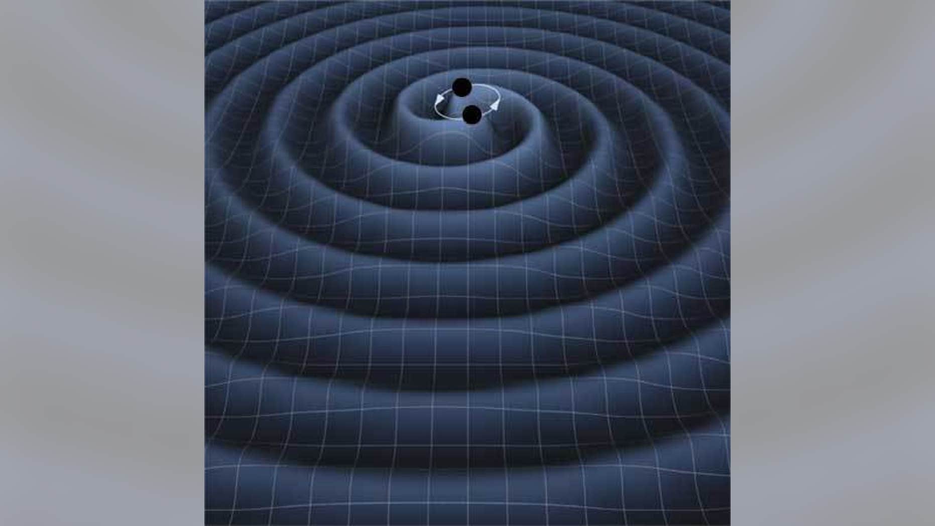 Artist's impression of gravitational waves from two orbiting black holes.