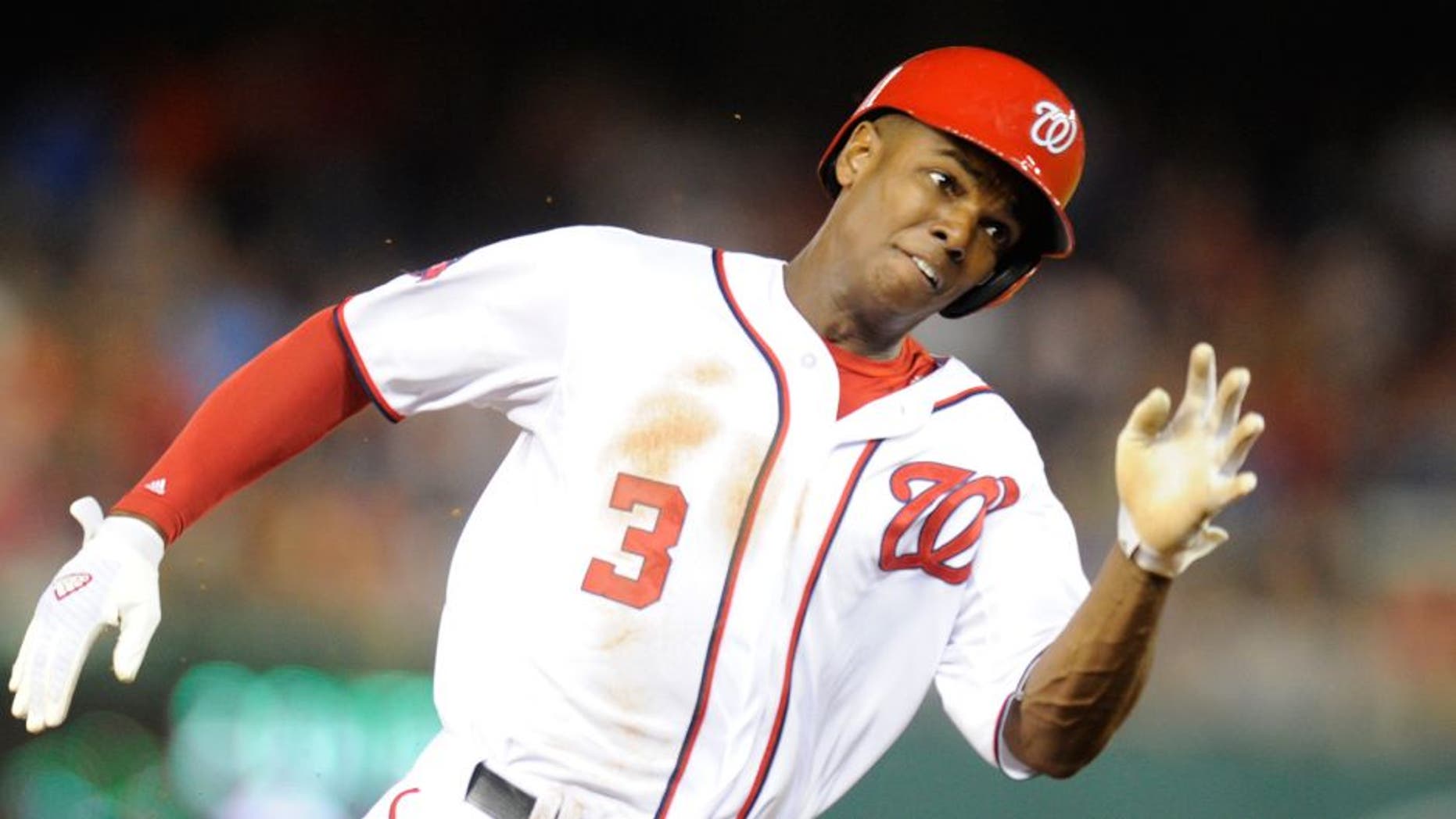 WASHINGTON, DC - JUNE 05: Michael Taylor #3 of the Washington Nationals runs to third base during a baseball game against the Chicago Cubs at Nationals Park on June 5, 2015 in Washington, DC. The Nationals won 7-5. (Photo by Mitchell Layton/Getty Images)