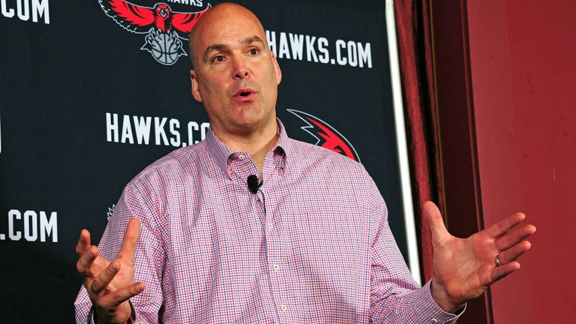 ATLANTA, GA - MAY 29: General Manager Danny Ferry speaks during the press conference introducing Mike Budenholzer as the new Head Coach of the Atlanta Hawks during a press conference on May 29, 2013 at Philips Arena in Atlanta, Georgia. NOTE TO USER: User expressly acknowledges and agrees that, by downloading and/or using this Photograph, user is consenting to the terms and conditions of the Getty Images License Agreement. Mandatory Copyright Notice: Copyright 2013 NBAE (Photo by Scott Cunningham/NBAE via Getty Images)