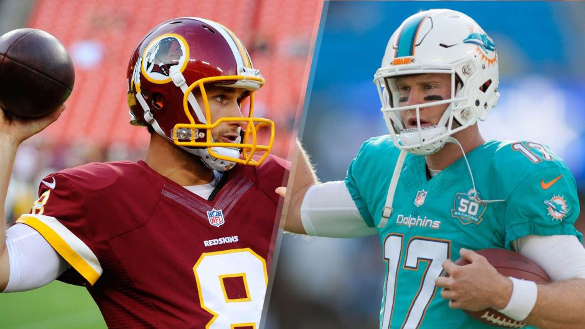 Sep 3, 2015; Landover, MD, USA; Washington Redskins quarterback Kirk Cousins (8) warms up before the game between the Washington Redskins and the Jacksonville Jaguars at FedEx Field. Mandatory Credit: Brad Mills-USA TODAY Sports Aug 22, 2015; Charlotte, NC, USA; Miami Dolphins quarterback Ryan Tannehill (17) gives a a thumbs up prior to the game against the Carolina Panthers at Bank of America Stadium. Mandatory Credit: Jeremy Brevard-USA TODAY Sports