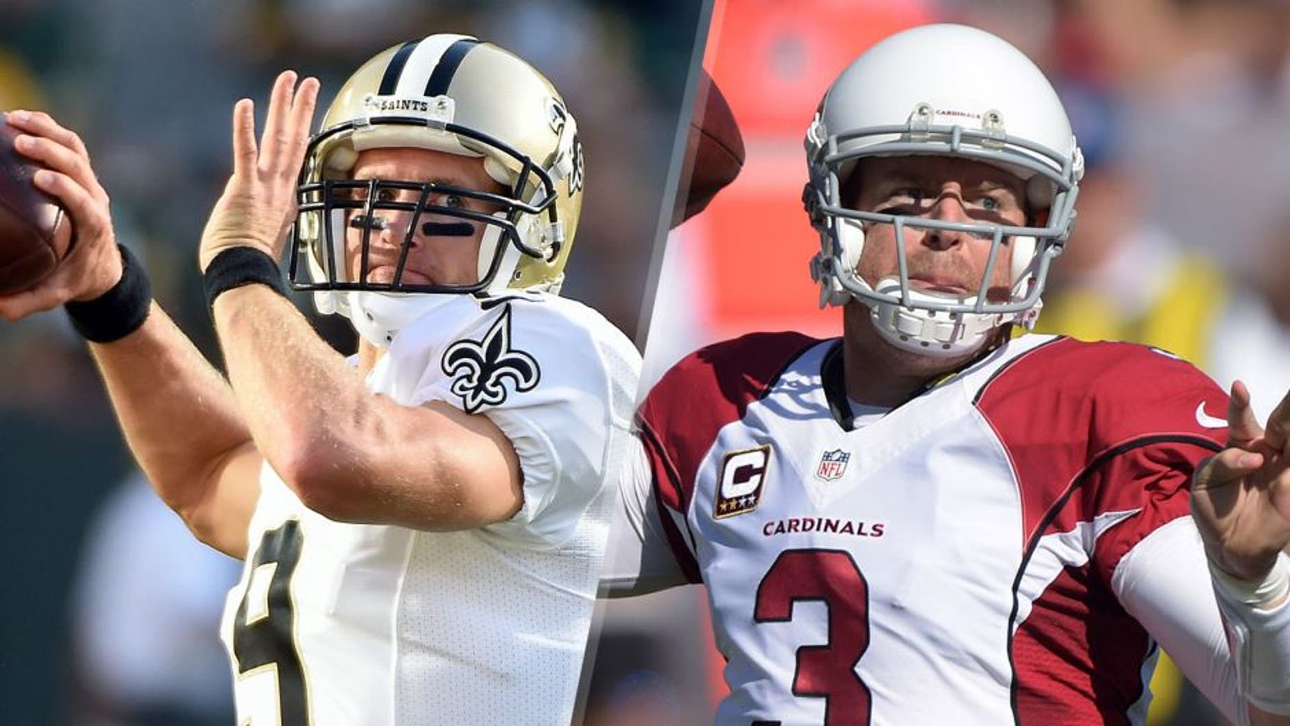 Sep 3, 2015; Green Bay, WI, USA; New Orleans Saints quarterback Drew Brees (9) warms up before game against the Green Bay Packers at Lambeau Field. Mandatory Credit: Benny Sieu-USA TODAY Sports Oct 19, 2014; Oakland, CA, USA; Arizona Cardinals quarterback Carson Palmer (3) throws a pass against the Oakland Raiders at O.co Coliseum. Mandatory Credit: Kirby Lee-USA TODAY Sports