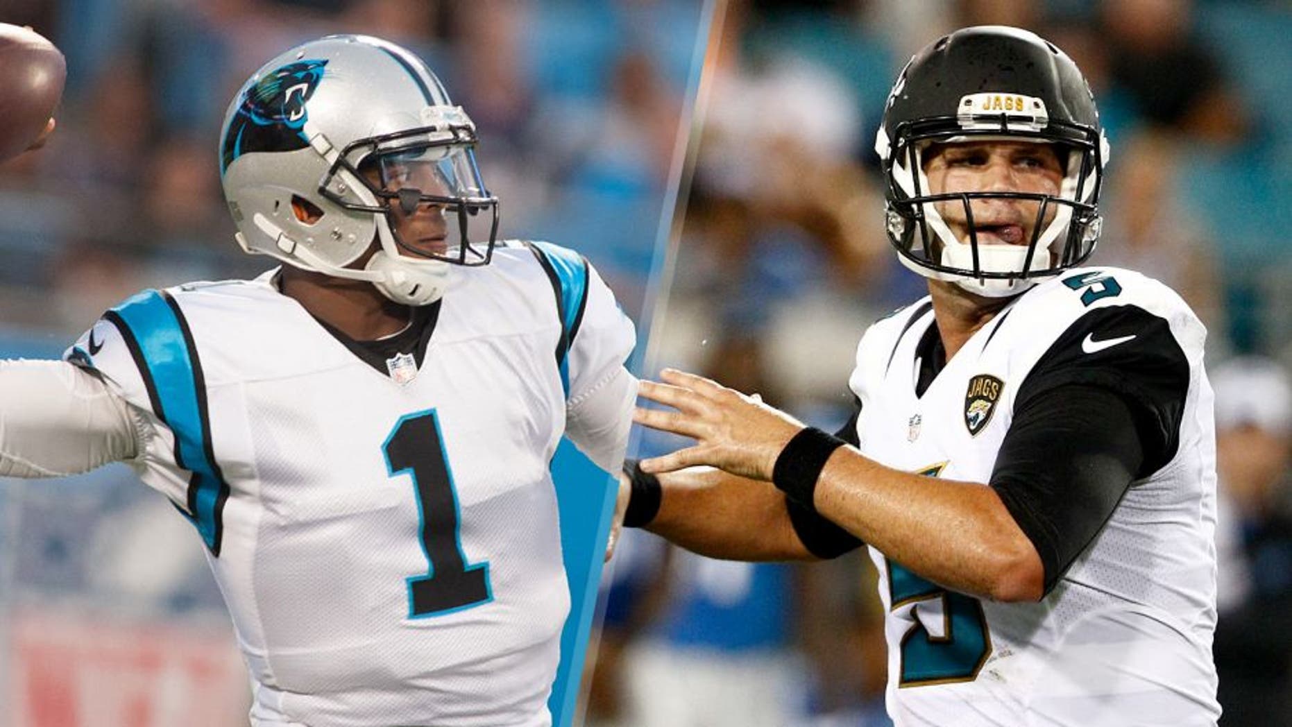 Aug 28, 2015; Charlotte, NC, USA; Carolina Panthers quarterback Cam Newton (1) passes the ball during the first quarter against the New England Patriots at Bank of America Stadium. Mandatory Credit: Jeremy Brevard-USA TODAY Sports Aug 28, 2015; Jacksonville, FL, USA; Jacksonville Jaguars quarterback Blake Bortles (5) prepares to throw the ball during the first quarter of an NFL preseason football game against the Detroit Lions at EverBank Field. Mandatory Credit: Reinhold Matay-USA TODAY Sports
