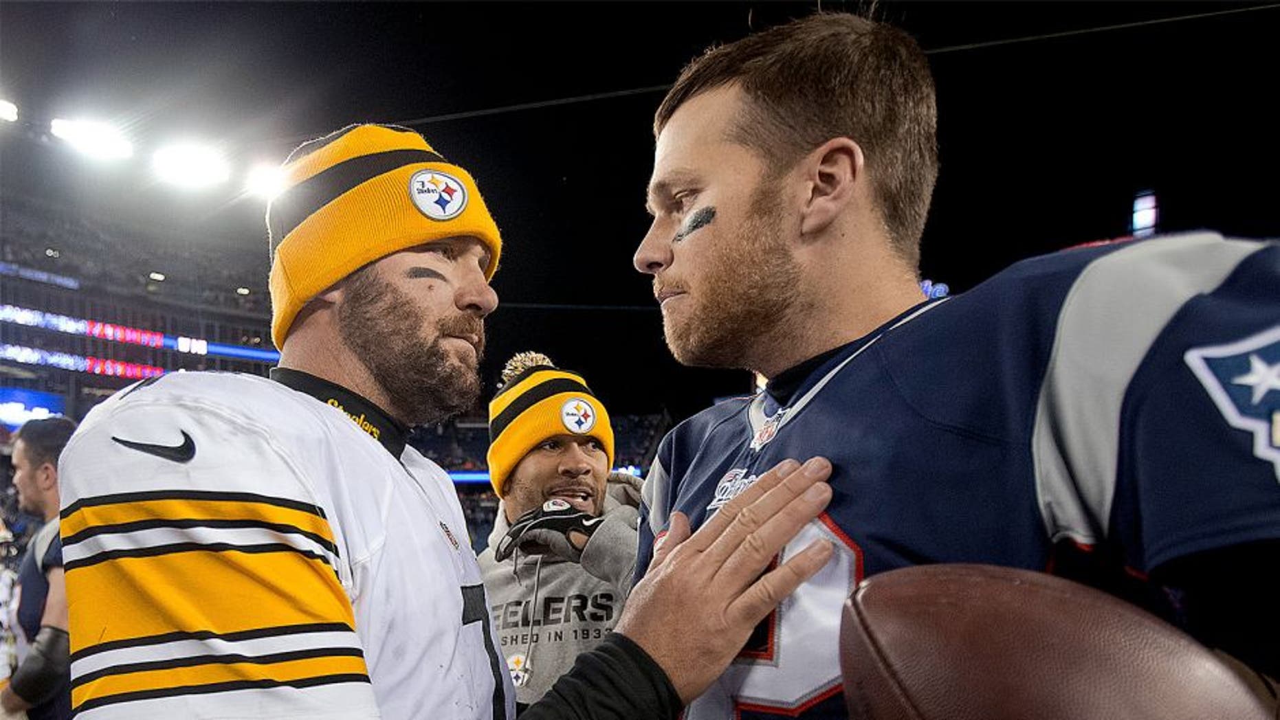 FOXBOROUGH, MA - NOVEMBER 3: New England Patriots quarterback Tom Brady shakes hands with Pittsburgh Steelers quarterback Ben Roethlisberger after the Patriots defeated the Steelers 55-31 in an NFL regular season game at Gillette Stadium on Sunday, Nov. 3, 2013. (Photo by Matthew J. Lee/The Boston Globe via Getty Images)