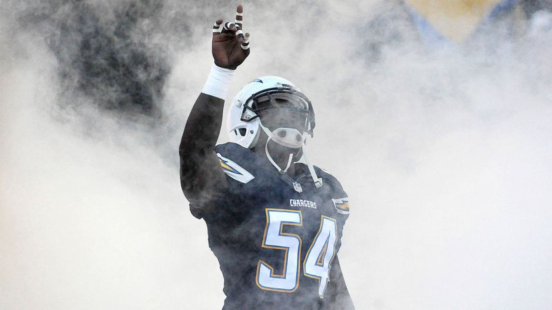 Aug 13, 2015; San Diego, CA, USA; San Diego Chargers outside linebacker Melvin Ingram (54) runs out the tunnel in a preseason NFL football game against the Dallas Cowboys at Qualcomm Stadium. Mandatory Credit: Orlando Ramirez-USA TODAY Sports