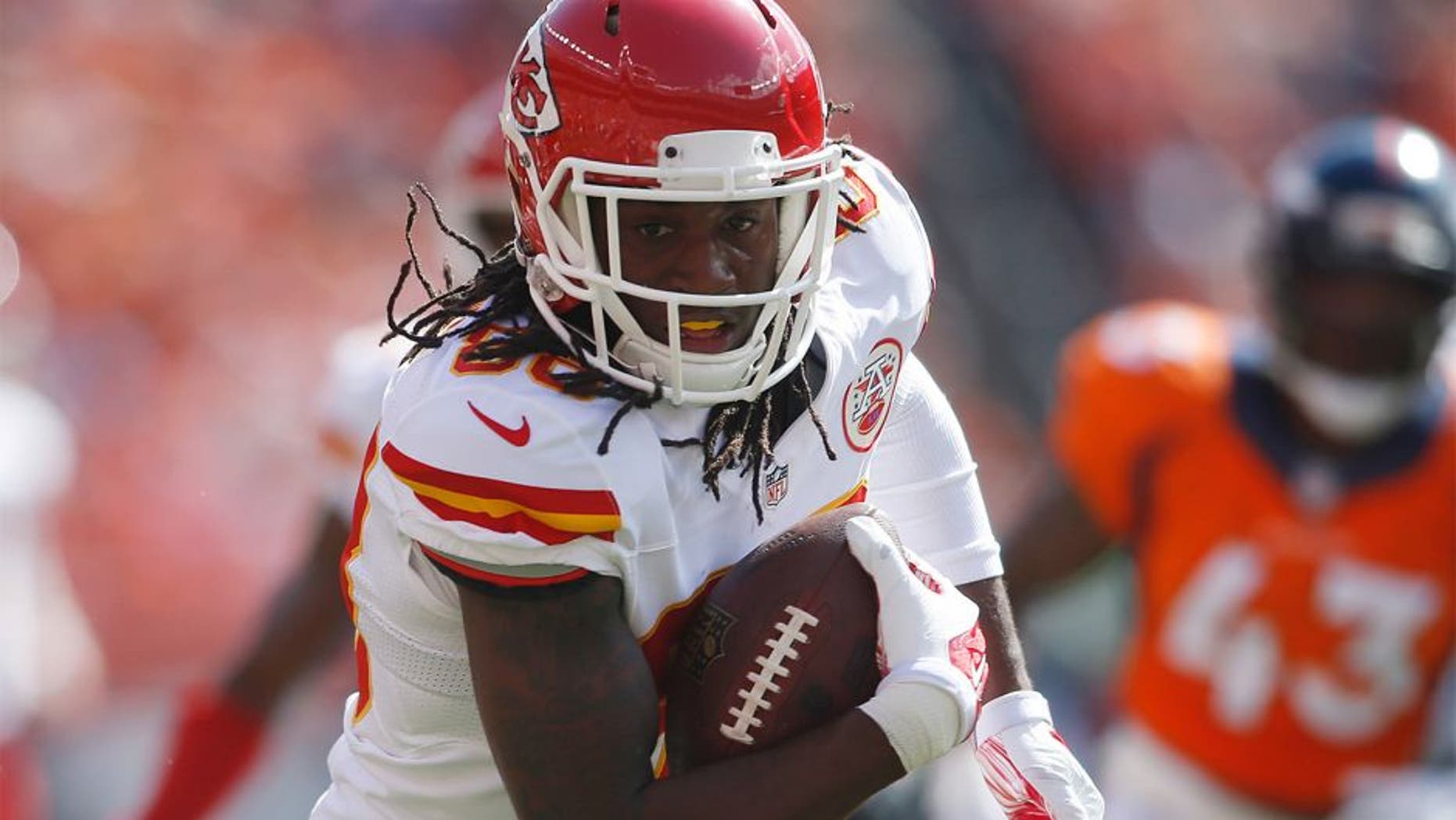 Sep 14, 2014; Denver, CO, USA; Kansas City Chiefs wide receiver Junior Hemingway (88) during the game against the Denver Broncos at Sports Authority Field at Mile High. Mandatory Credit: Chris Humphreys-USA TODAY Sports