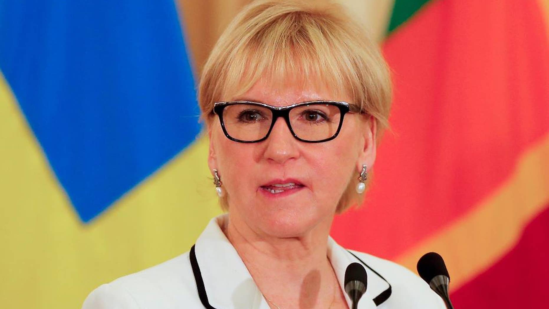 File -- In this April 25, 2016 file photo, Swedish foreign minister Margot Wallstrom speaks after her meeting with Sri Lankan counterpart Mangala Samaraweera in Colombo, Sri Lanka. In an apparent diplomatic snub, Israel says none of its officials will meet with Wallstrom who arrives for a visit Thursday, Dec. 15, 2016. Israeli Foreign Ministry spokesman cited a "scheduling issue" for the decision not to meet with Wallstrom. It is highly unusual for a visiting high-level dignitary not to meet any Israeli officials. (AP Photo/Eranga Jayawardena, File)