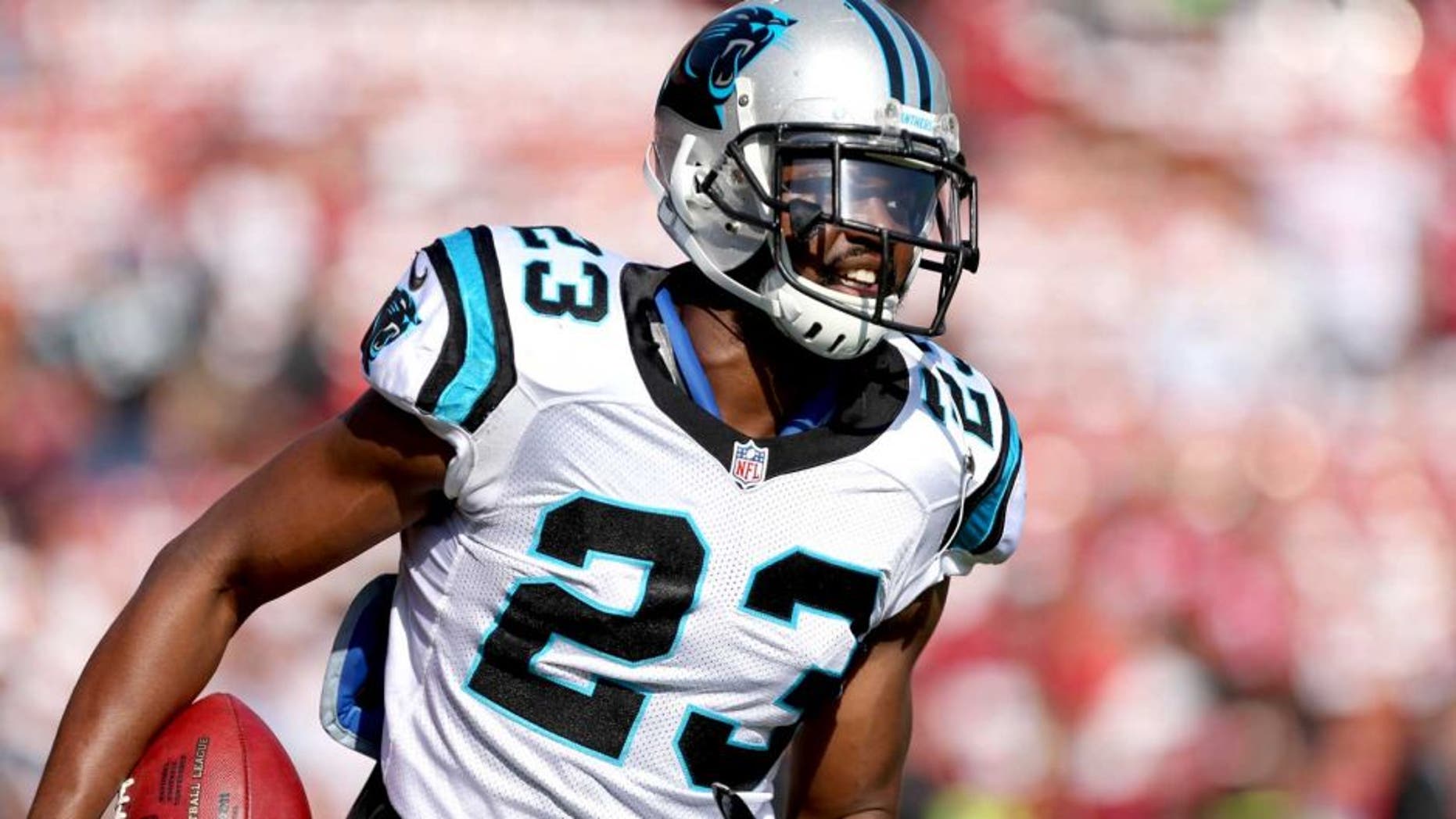 Nov 10, 2013; San Francisco, CA, USA; Carolina Panthers cornerback Melvin White (23) carries the ball during warm ups before the game against the San Francisco 49ers at Candlestick Park. Mandatory Credit: Kelley L Cox-USA TODAY Sports