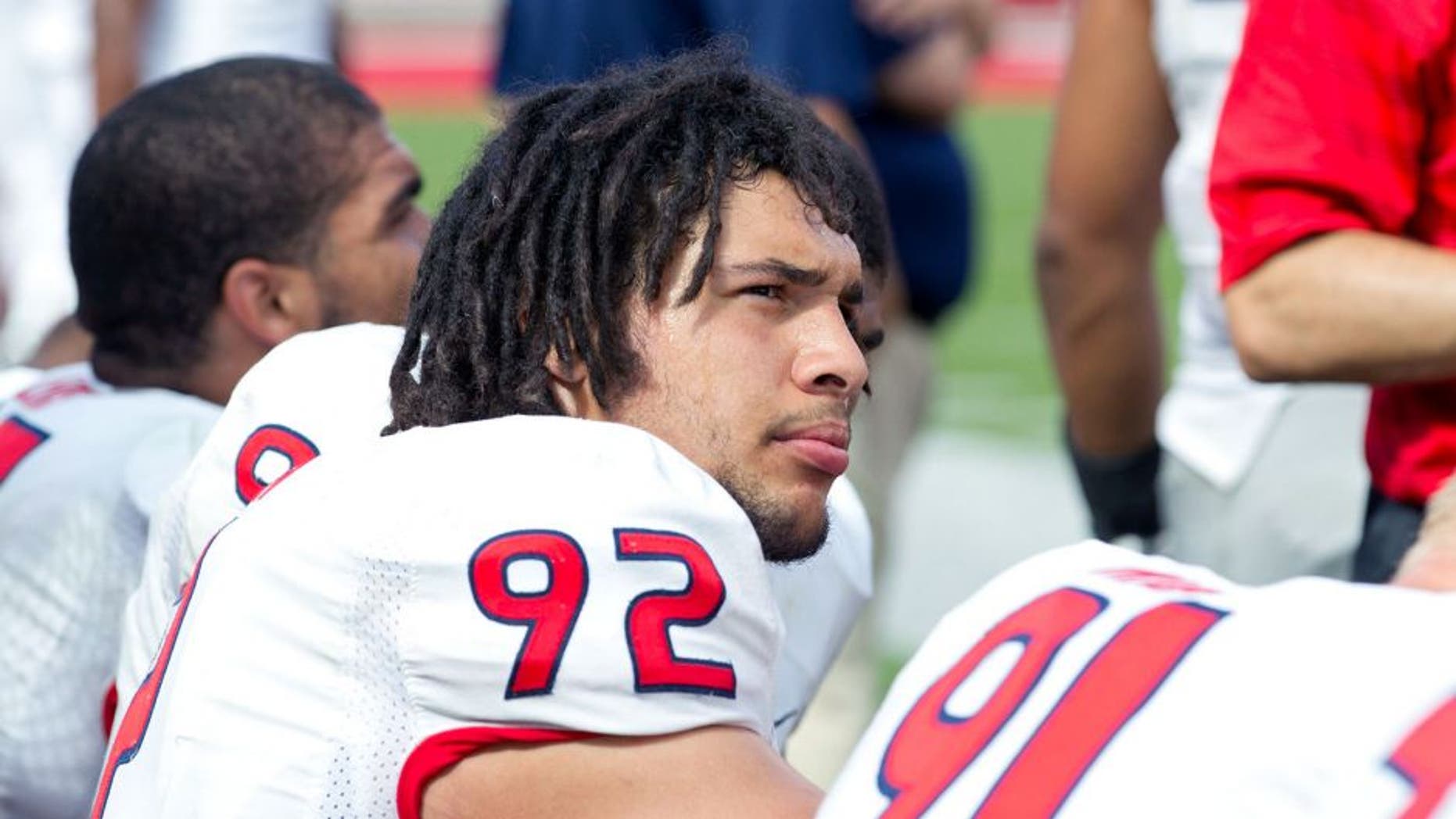 Sep 6, 2014; Salt Lake City, UT, USA; Fresno State Bulldogs defensive lineman Tyeler Davison (92) on the bench during the second half against the Utah Utes at Rice-Eccles Stadium. Utah won 59-27. Mandatory Credit: Russ Isabella-USA TODAY Sports