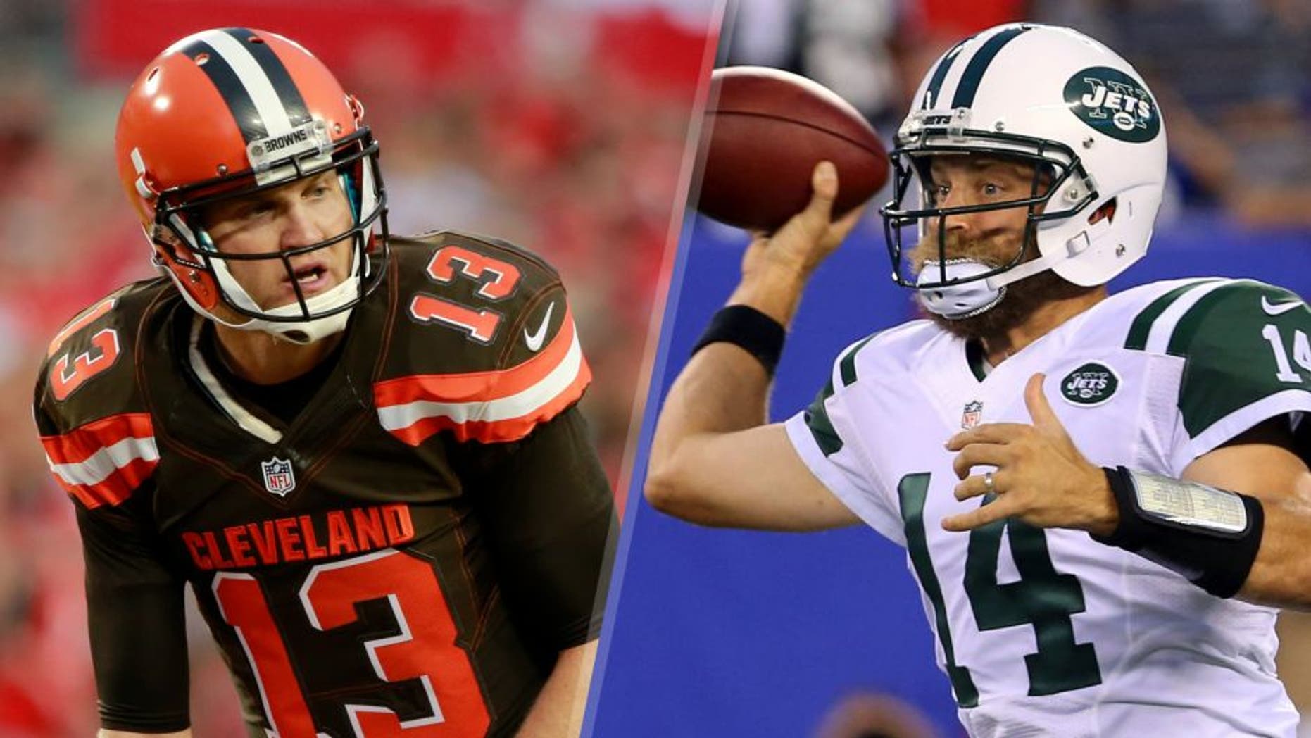 Aug 29, 2015; Tampa, FL, USA; Cleveland Browns quarterback Josh McCown (13) during the first quarter at Raymond James Stadium. Mandatory Credit: Kim Klement-USA TODAY Sports Aug 29, 2015; East Rutherford, NJ, USA; New York Jets quarterback Ryan Fitzpatrick (14) throws a pass during the first half of their game against the New York Giants at MetLife Stadium. Mandatory Credit: Ed Mulholland-USA TODAY Sports