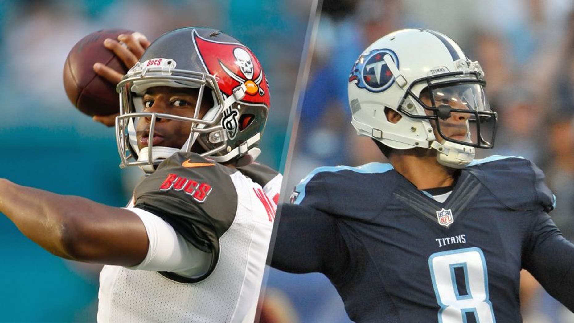Sep 3, 2015; Miami Gardens, FL, USA; Tampa Bay Buccaneers quarterback Jameis Winston warms up before the game against the Miami Dolphins at Sun Life Stadium. Mandatory Credit: Andrew Innerarity-USA TODAY Sports Aug 23, 2015; Nashville, TN, USA; Tennessee Titans quarterback Marcus Mariota (8) passes against the St. Louis Rams during the first half at Nissan Stadium. Mandatory Credit: Jim Brown-USA TODAY Sports