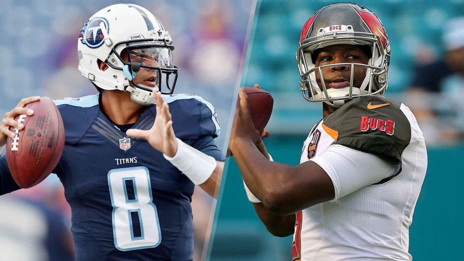 NASHVILLE, TN - SEPTEMBER 03: Quarterback Marcus Mariota #8 of the Tennessee Titans looks for a receiver during a NFL pre-season game against the Minnesota Vikings at Nissan Stadium on September 3, 2015 in Nashville, Tennessee. (Photo by Ronald C. Modra/Sports Imagery/Getty Images) MIAMI GARDENS, FL - SEPTEMBER 03: Jameis Winston #3 of the Tampa Bay Buccaneers warms up during a preseason game against the Miami Dolphins at Sun Life Stadium on September 3, 2015 in Miami Gardens, Florida. (Photo by Mike Ehrmann/Getty Images)