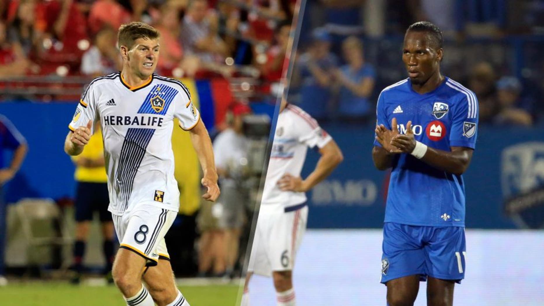 Aug 15, 2015; Dallas, TX, USA; Los Angeles Galaxy midfielder Steven Gerrard (8) during the match against FC Dallas at Toyota Stadium. Mandatory Credit: Kevin Jairaj-USA TODAY Sports Sep 5, 2015; Montreal, Quebec, CAN; Montreal Impact forward Didier Drogba (11) celebrates his goal against Chicago Fire during the second half at the Sade Saputo. Mandatory Credit: Jean-Yves Ahern-USA TODAY Sports