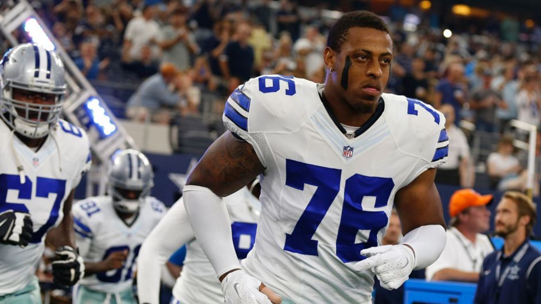 Aug 29, 2015; Arlington, TX, USA; Dallas Cowboys defensive end Greg Hardy (76) takes the field prior to the game against the Minnesota Vikings at AT&T Stadium. Mandatory Credit: Matthew Emmons-USA TODAY Sports