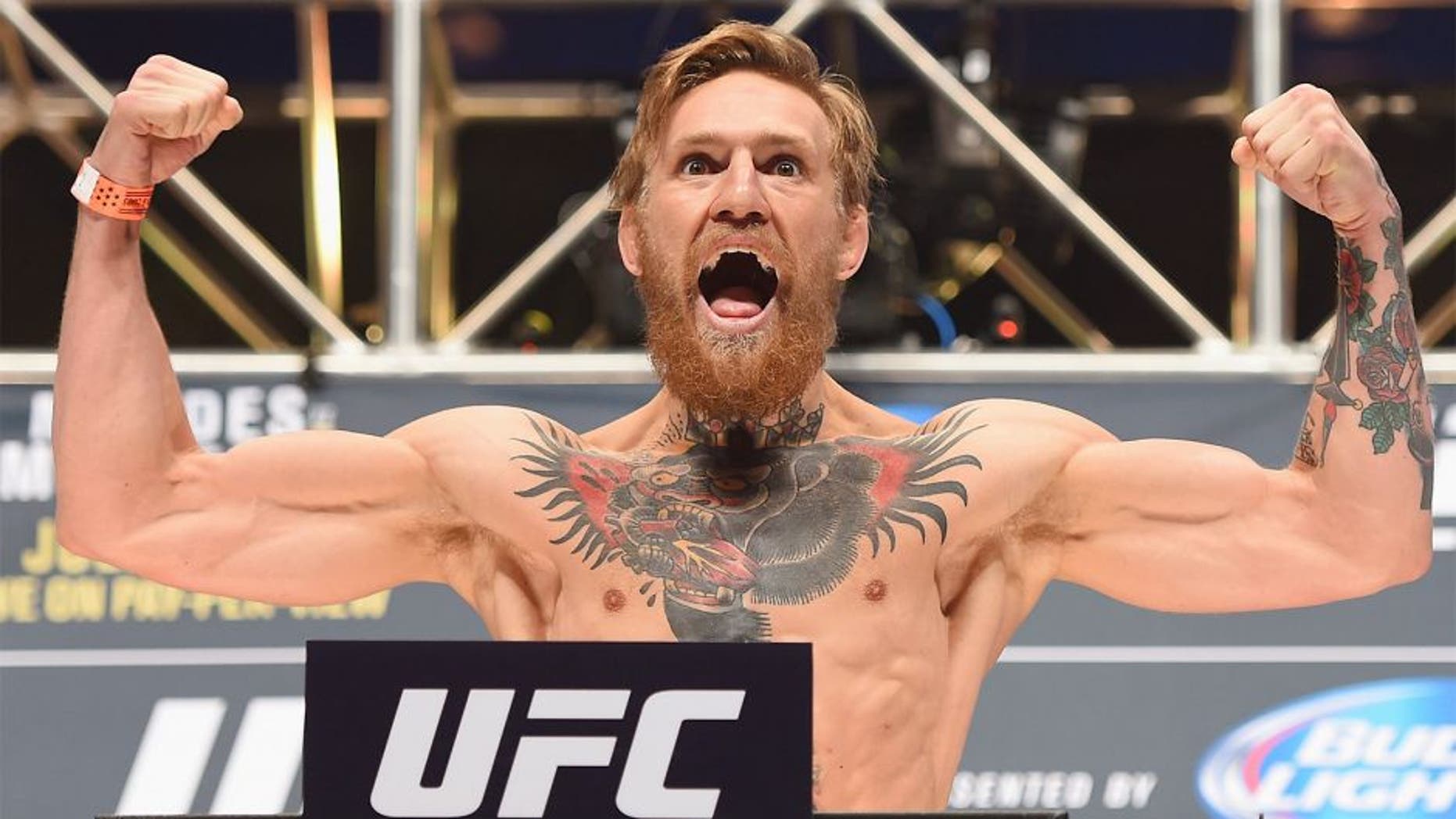 LAS VEGAS, NV - JULY 10: Conor McGregor steps onto the scale during the UFC 189 weigh-in inside MGM Grand Garden Arena on July 10, 2015 in Las Vegas, Nevada. (Photo by Josh Hedges/Zuffa LLC/Zuffa LLC via Getty Images)