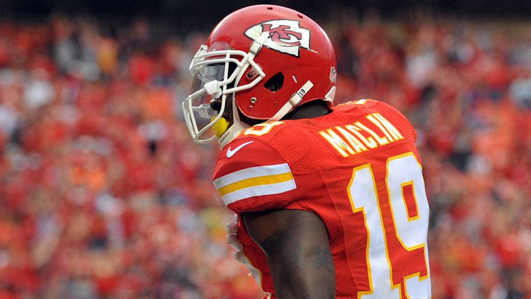 Aug 28, 2015; Kansas City, MO, USA; Kansas City Chiefs wide receiver Jeremy Maclin (19) celebrates after scoring during the first half against the Tennessee Titans at Arrowhead Stadium. Mandatory Credit: Denny Medley-USA TODAY Sports
