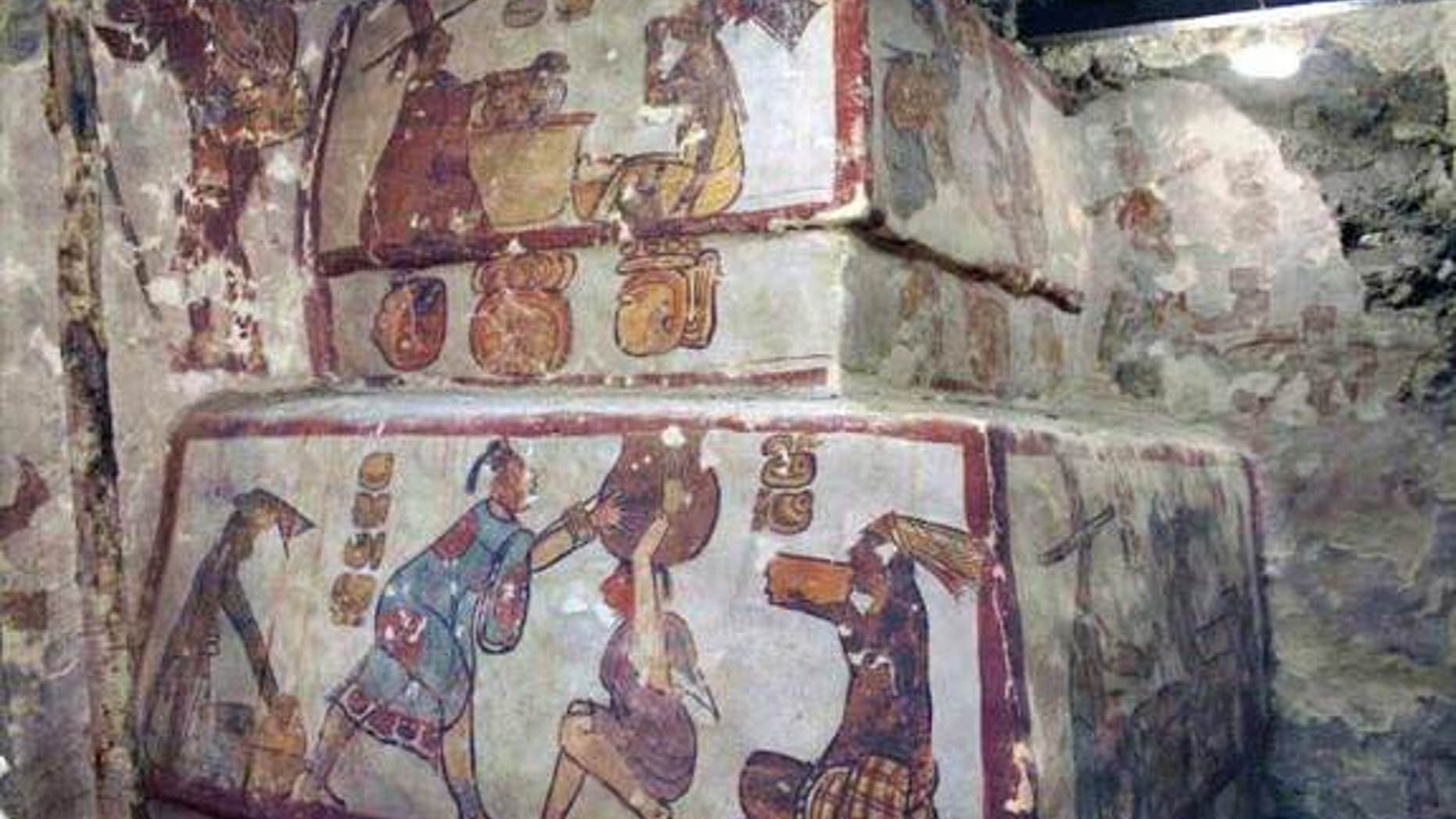 Anthropologists decoded early Mayan hieroglyphics from four codices, finding the Maya accurately predicted modern-day astronomical phenomena. Shown here, a corner of a painted Maya pyramid structure at Calakmul, Mexico.