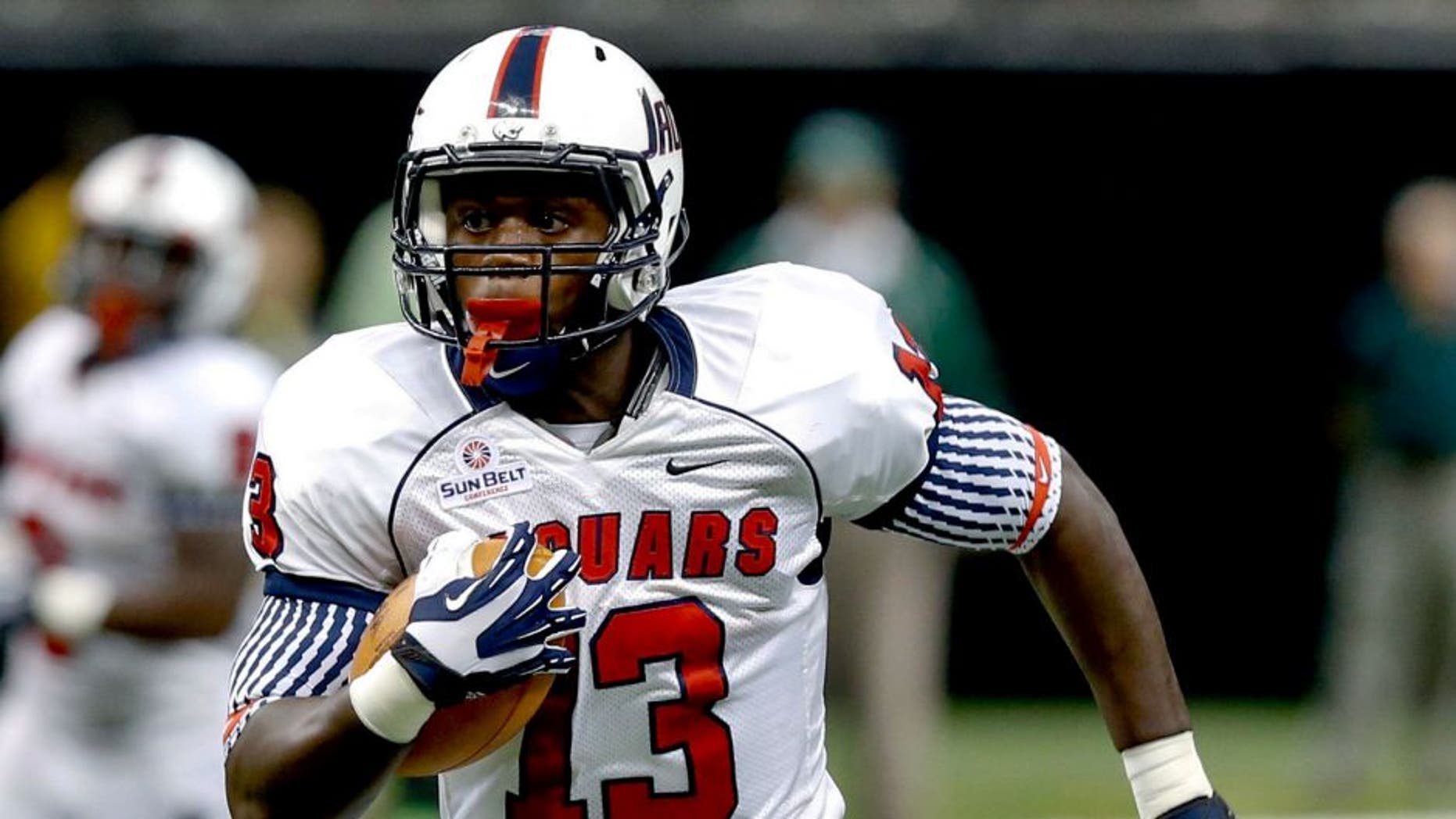 Sep 7, 2013; New Orleans, LA, USA; South Alabama Jaguars tight end Wes Saxton (13) against the Tulane Green Wave during the first quarter of a game at the Mercedes-Benz Superdome. Mandatory Credit: Derick E. Hingle-USA TODAY Sports