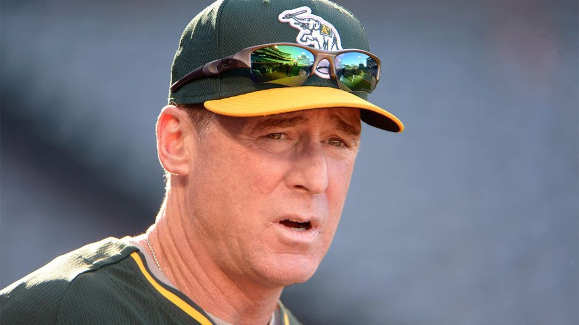 Aug 29, 2014; Anaheim, CA, USA; Oakland Athletics manager Bob Melvin before the game against the Los Angeles Angels at Angel Stadium of Anaheim. Mandatory Credit: Kirby Lee-USA TODAY Sports
