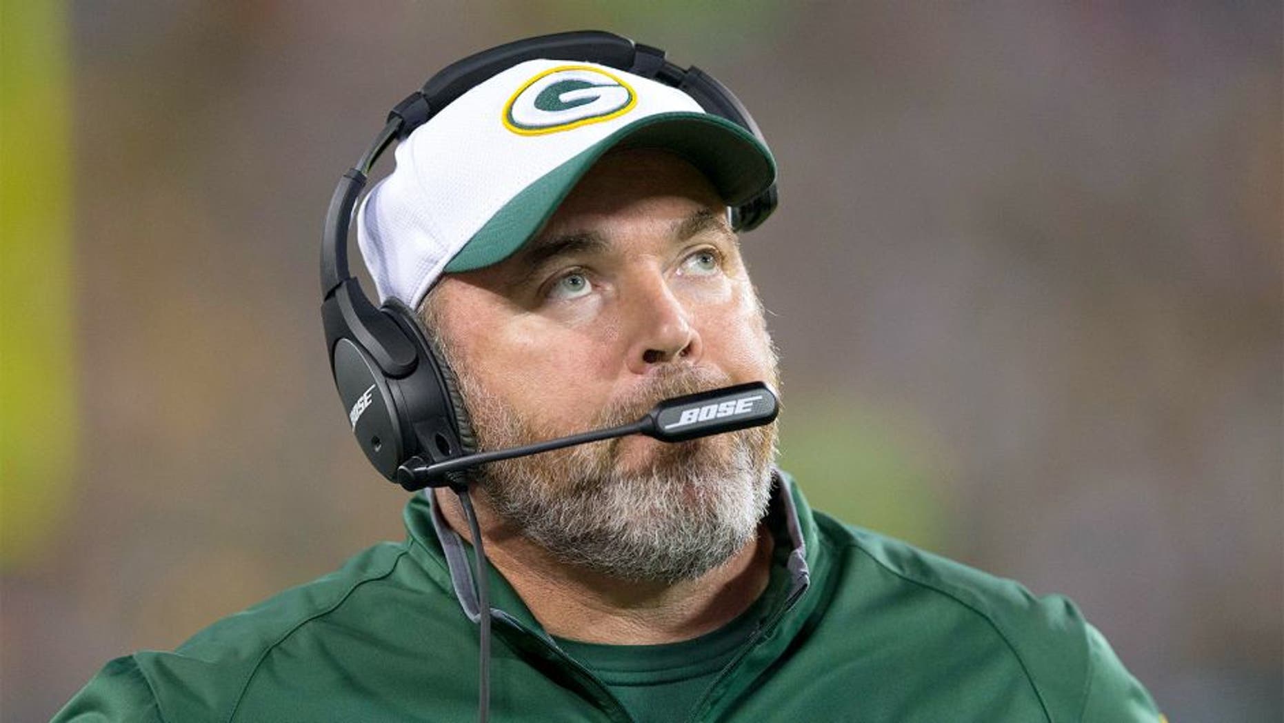 August 29, 2015; Green Bay, WI, USA; Green Bay Packers head coach Mike McCarthy during the Philadelphia Eagles game at Lambeau Field. Philadelphia won 39-26.