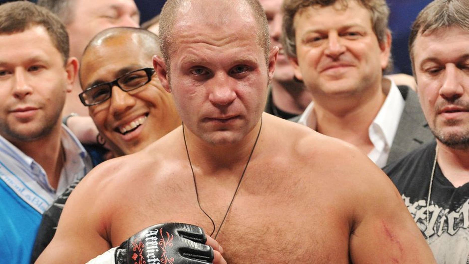 ANAHEIM, CA - JANUARY 24: Affliction Fedor Emelianenko celebrates after defeating Andrei Arlovski in the first round during their Heavyweight bout at "Affliction M-1 Global Day of Reckoning" at the Honda Center on January 24, 2009 in Anaheim, California. (Photo by Jon Kopaloff/Getty Images) *** Local Caption *** Fedor Emelianenko