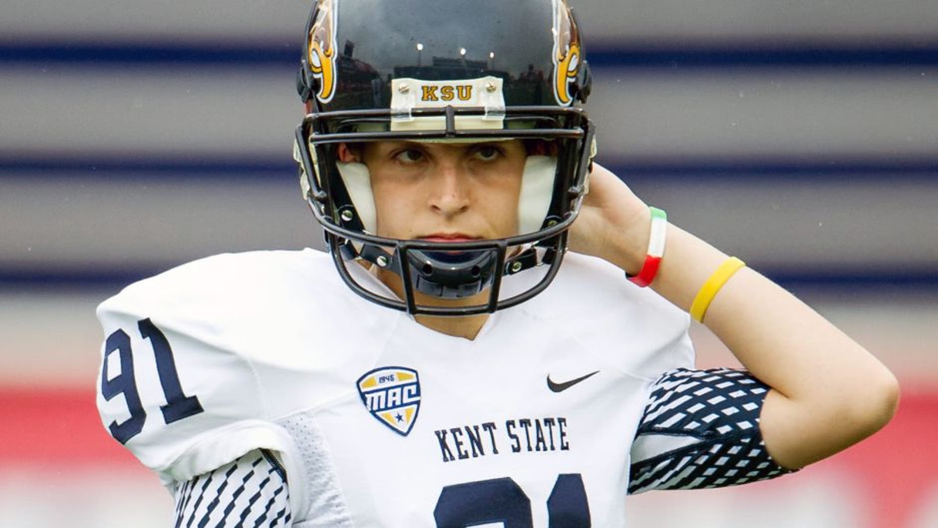 MOBILE, AL - OCTOBER 19: Kicker April Goss #91 of the Kent State Golden Flashes warms up before their game against the South Alabama Jaguars on October 19, 2013 at Ladd-Peebles Stadium in Mobile, Alabama. South Alabama defeated Kent State 38-21. (Photo by Michael Chang/Getty Images)
