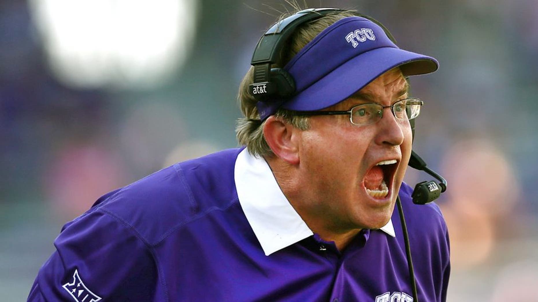 FORT WORTH, TX - SEPTEMBER 12: Head coach Gary Patterson of the TCU Horned Frogs leads his team against the Stephen F. Austin Lumberjacks in the secodn half at Amon G. Carter Stadium on September 12, 2015 in Fort Worth, Texas. (Photo by Tom Pennington/Getty Images)