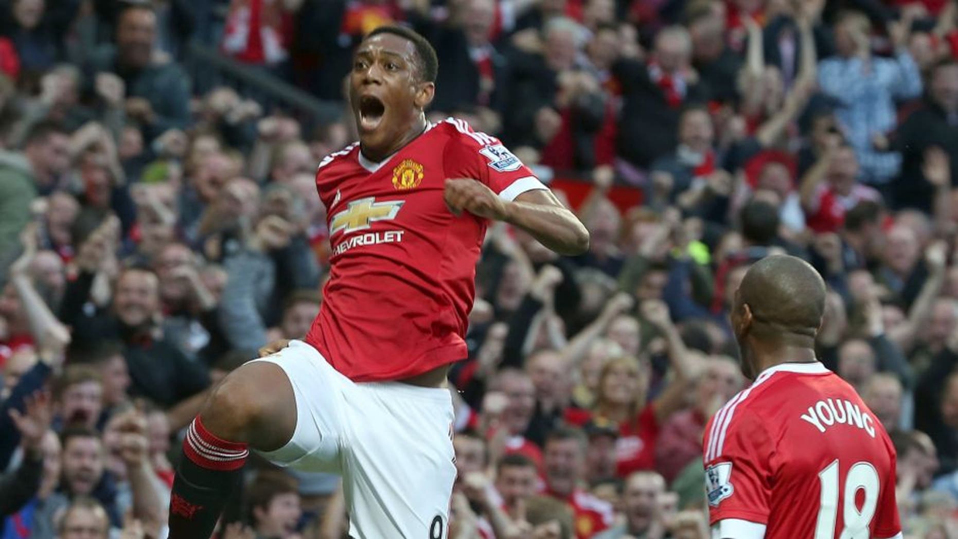 MANCHESTER, ENGLAND - SEPTEMBER 12: Anthony Martial of Manchester United celebrates scoring their third goal during the Barclays Premier League match between Manchester United and Liverpool on September 12, 2015 at Old Trafford in Manchester, United Kingdom. (Photo by Matthew Peters/Man Utd via Getty Images)
