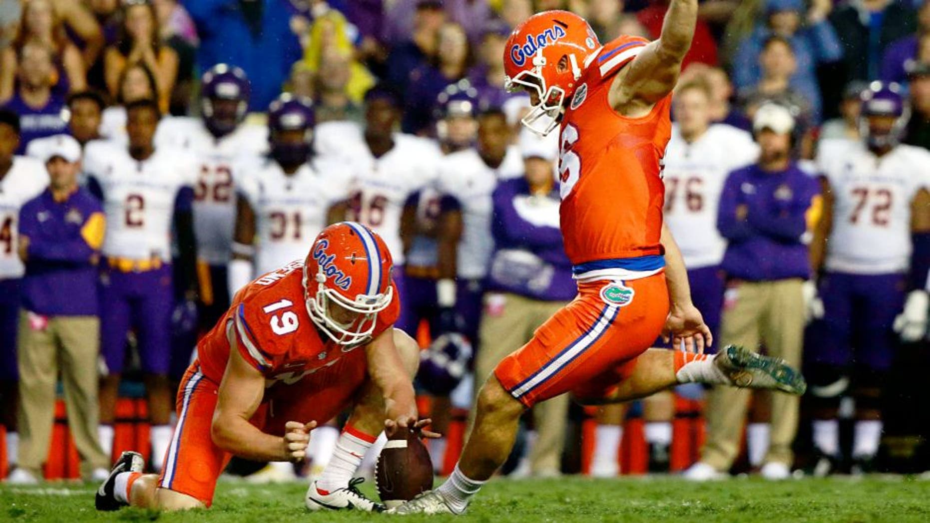 Sep 12, 2015; Gainesville, FL, USA; Florida Gators place kicker Austin Hardin (16) kicks the ball for a field goal during the first quarter against the East Carolina Pirates at Ben Hill Griffin Stadium . Mandatory Credit: Kim Klement-USA TODAY Sports