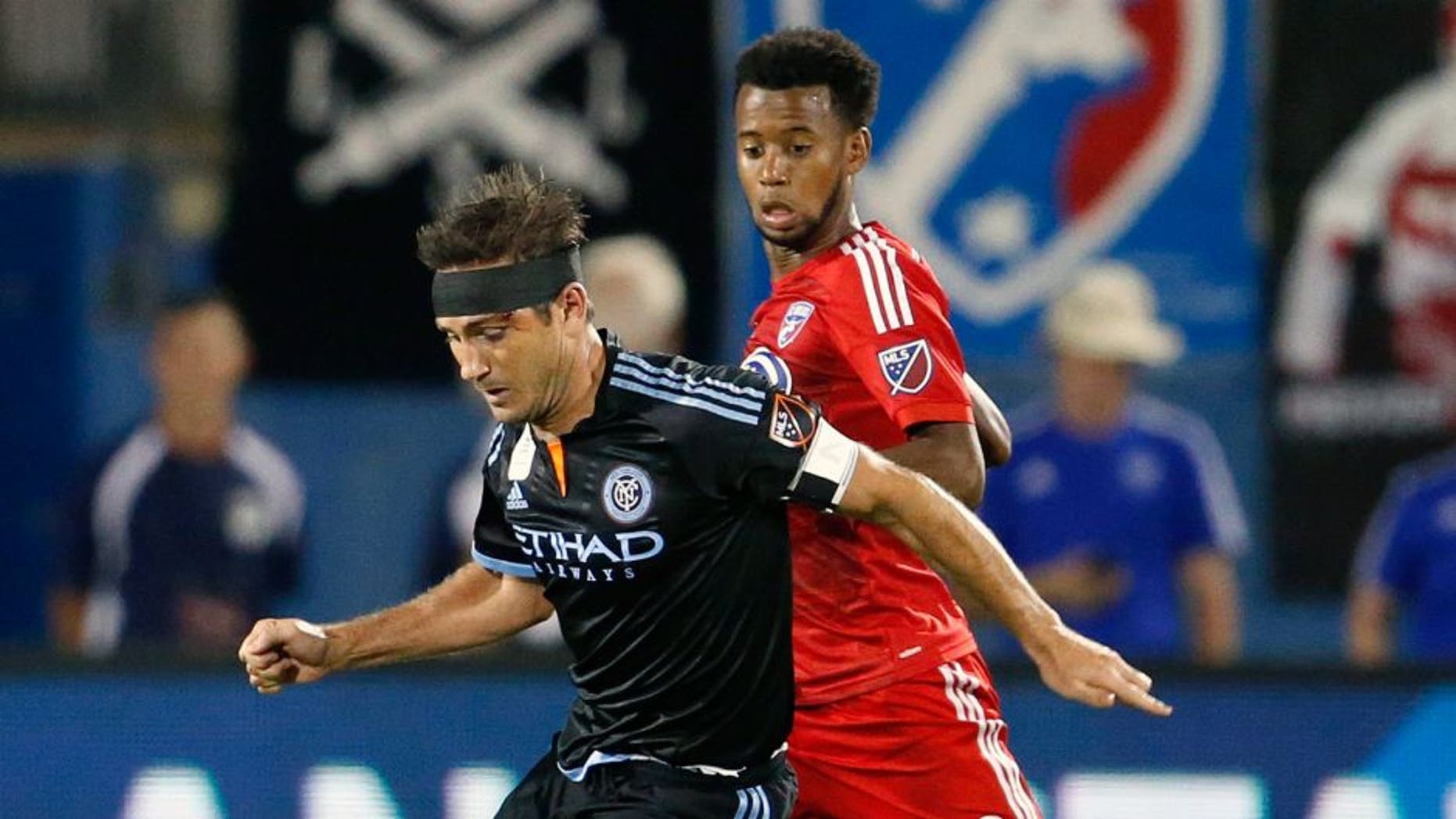 Sep 12, 2015; Dallas, TX, USA; New York City FC midfielder Frank Lampard (8) controls the ball against FC Dallas midfielder Kellyn Acosta (23) in the second half at Toyota Stadium. Dallas beat New York 2-1. Mandatory Credit: Matthew Emmons-USA TODAY Sports