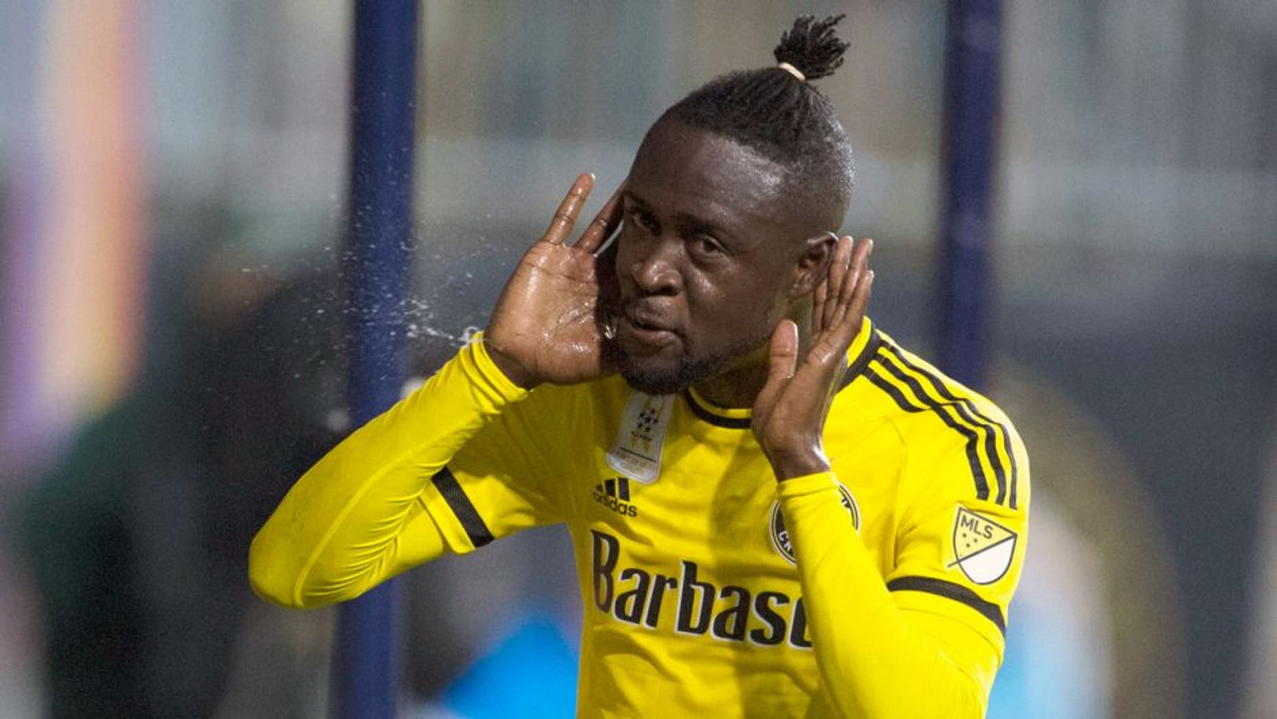 Sep 12, 2015; Philadelphia, PA, USA; Columbus Crew forward Kei Kamara (23) reacts after scoring during the first half against the Philadelphia Union at PPL Park. Mandatory Credit: Tommy Gilligan-USA TODAY Sports